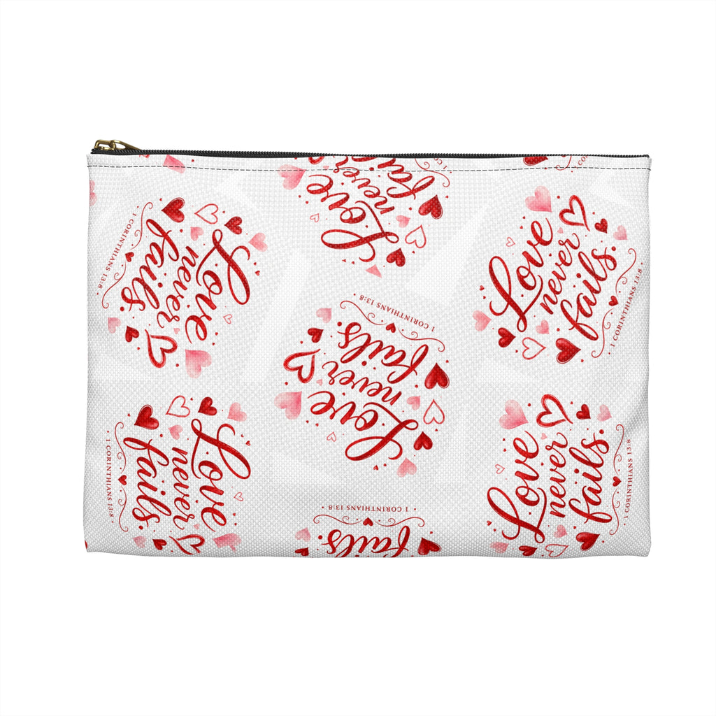 Love Never Fails Accessory Pouch — Valentine Heart Makeup & Travel Bag
