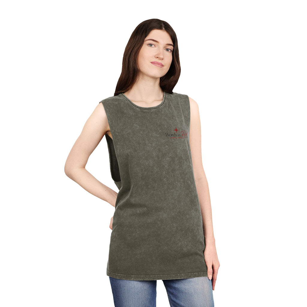 Stonewash Tank Top with Red Scripture Print — "Love one another as I have loved you" (John 13:34)