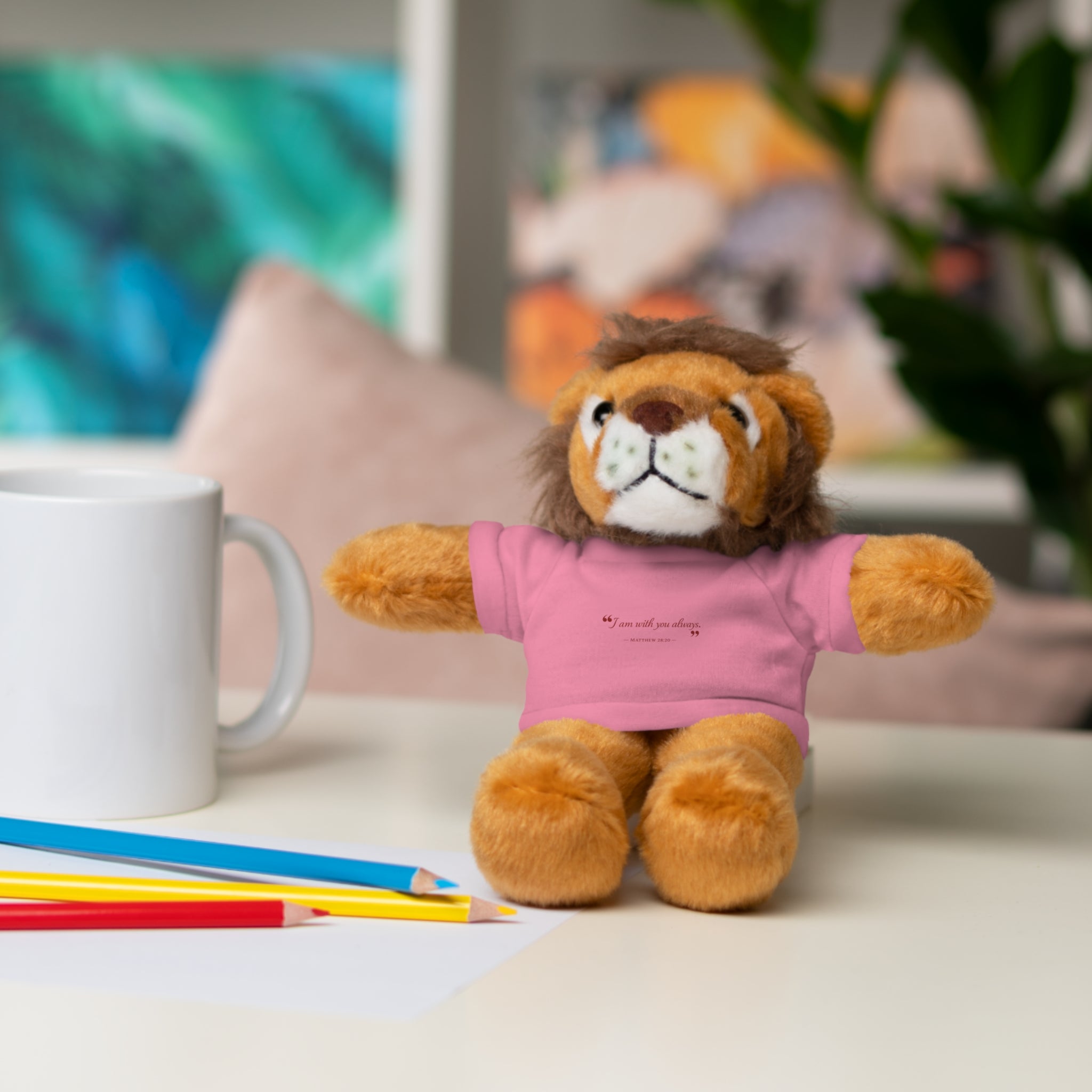 Plush Bear with “I am with you always.” — Matthew 28:20 Custom Tee – Soft Brown Teddy Gift