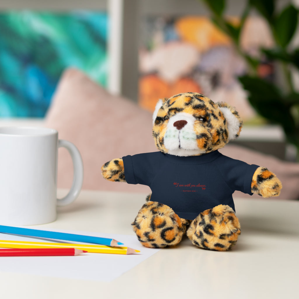Plush Bear with “I am with you always.” — Matthew 28:20 Custom Tee – Soft Brown Teddy Gift