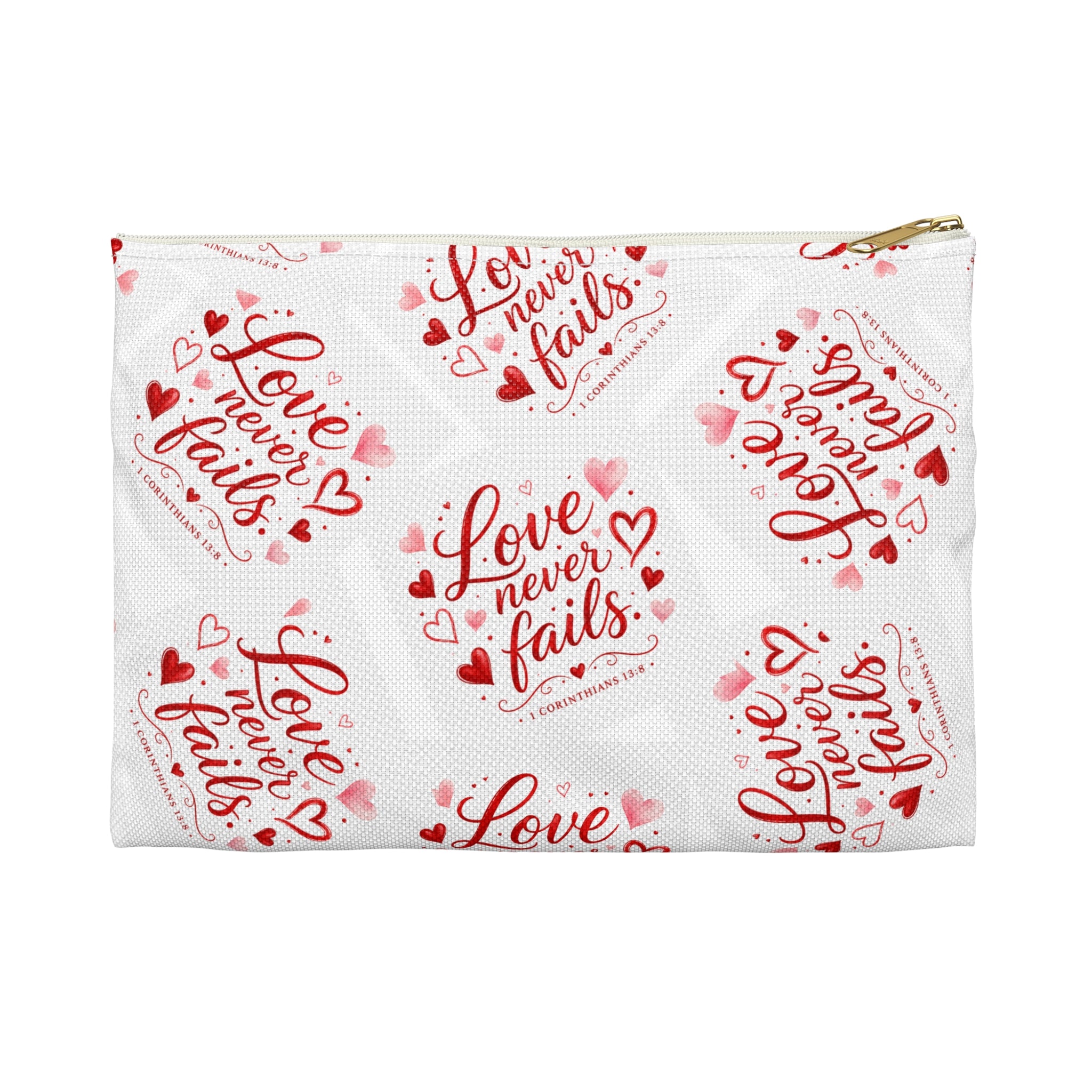 Love Never Fails Accessory Pouch — Valentine Heart Makeup & Travel Bag