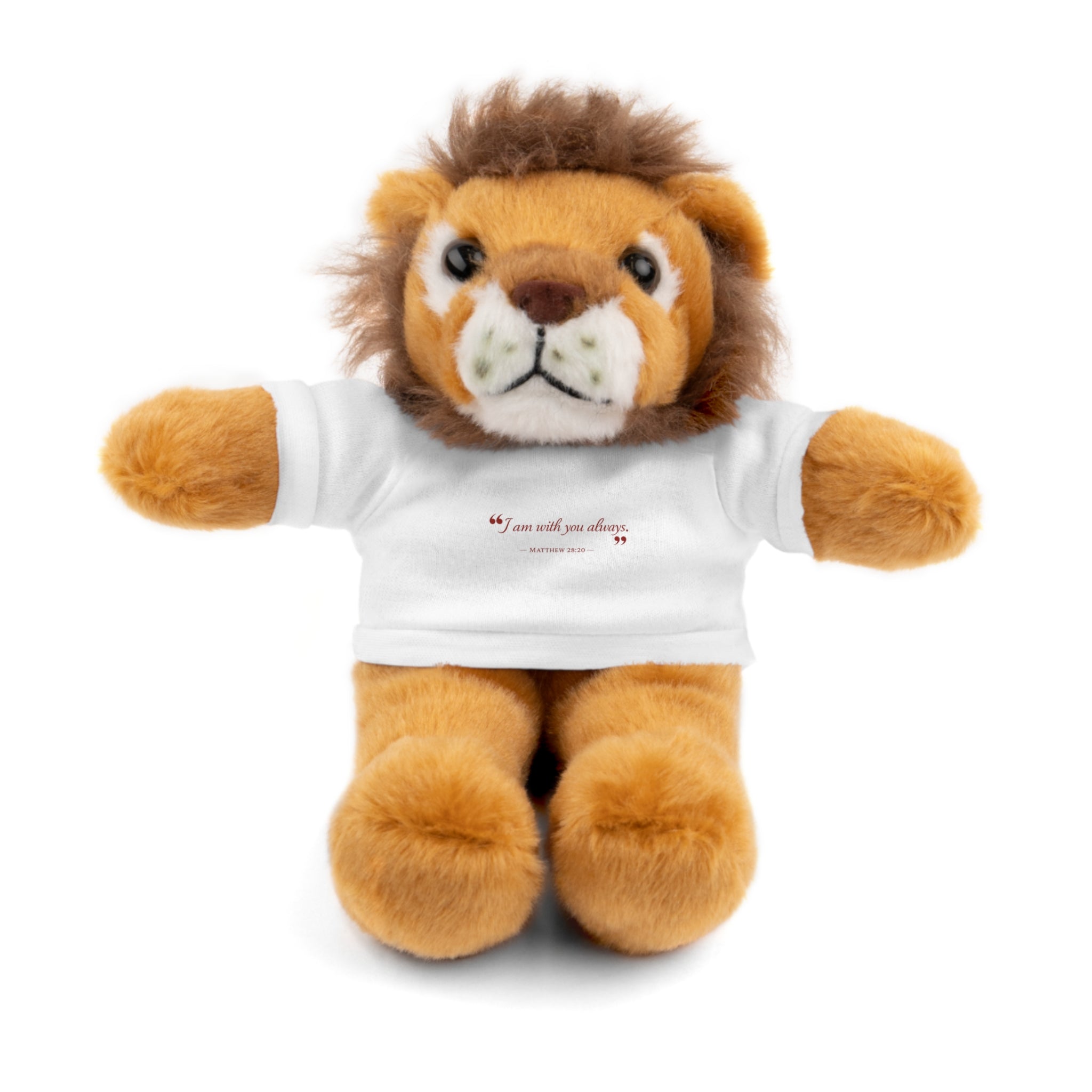 Plush Bear with “I am with you always.” — Matthew 28:20 Custom Tee – Soft Brown Teddy Gift
