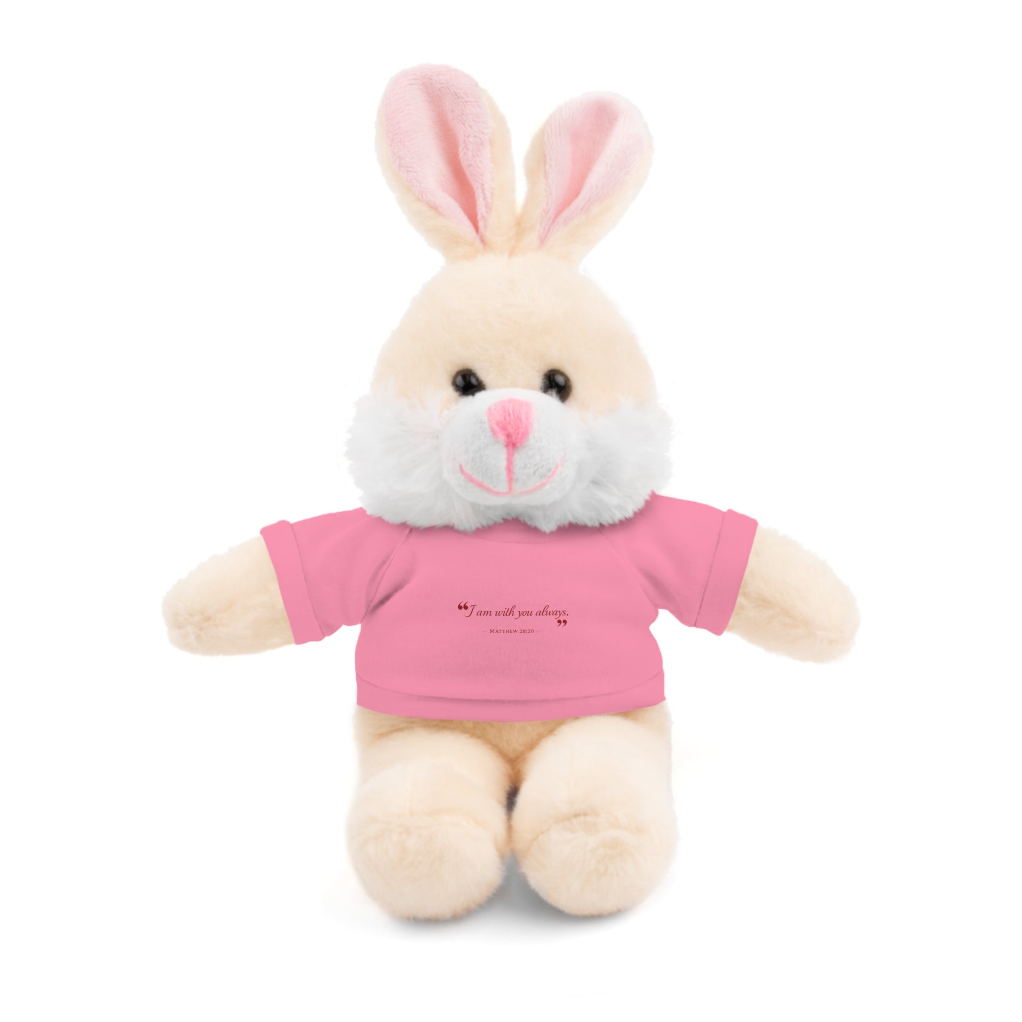 Plush Bear with “I am with you always.” — Matthew 28:20 Custom Tee – Soft Brown Teddy Gift