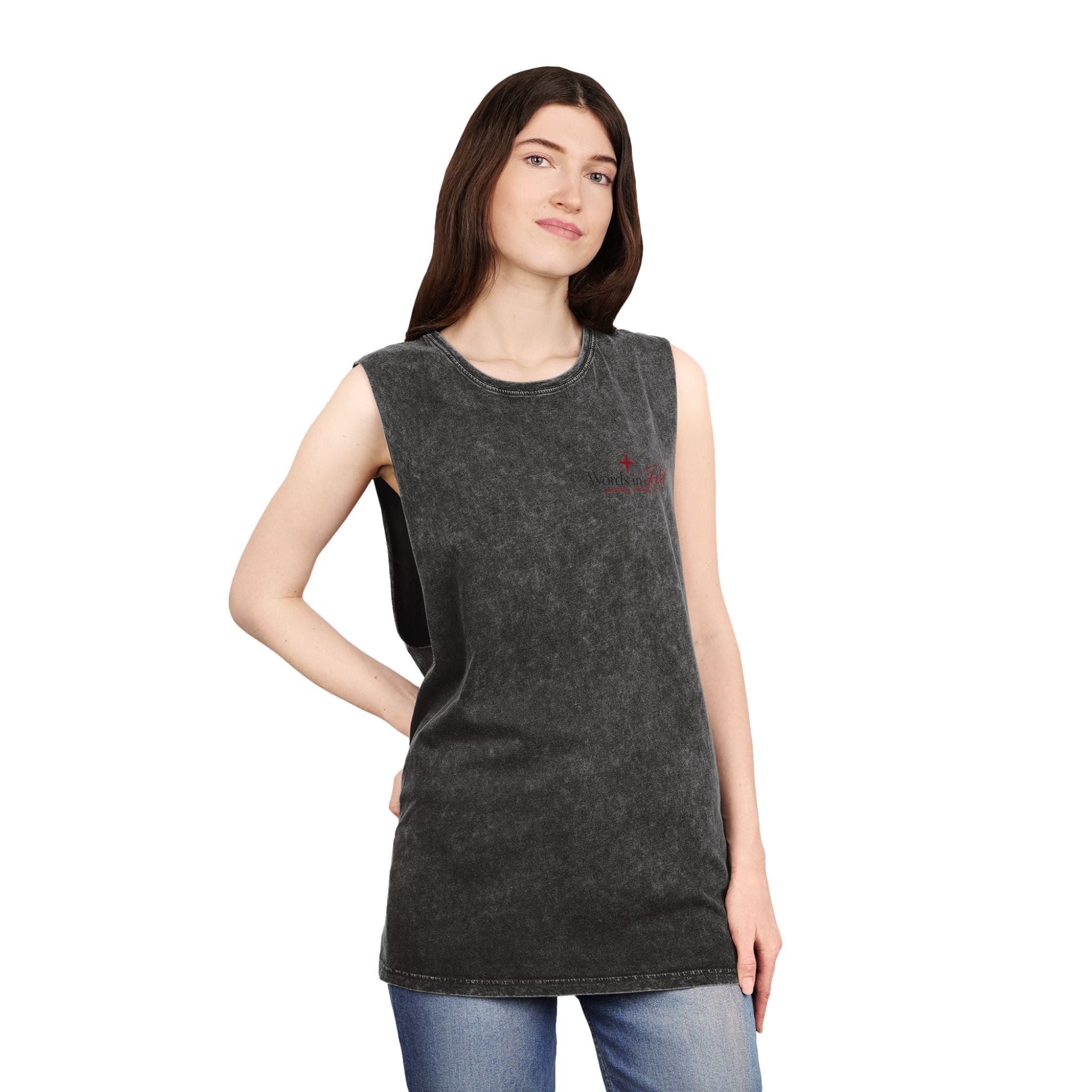 Stonewash Tank Top with Red Scripture Print — "Love one another as I have loved you" (John 13:34)