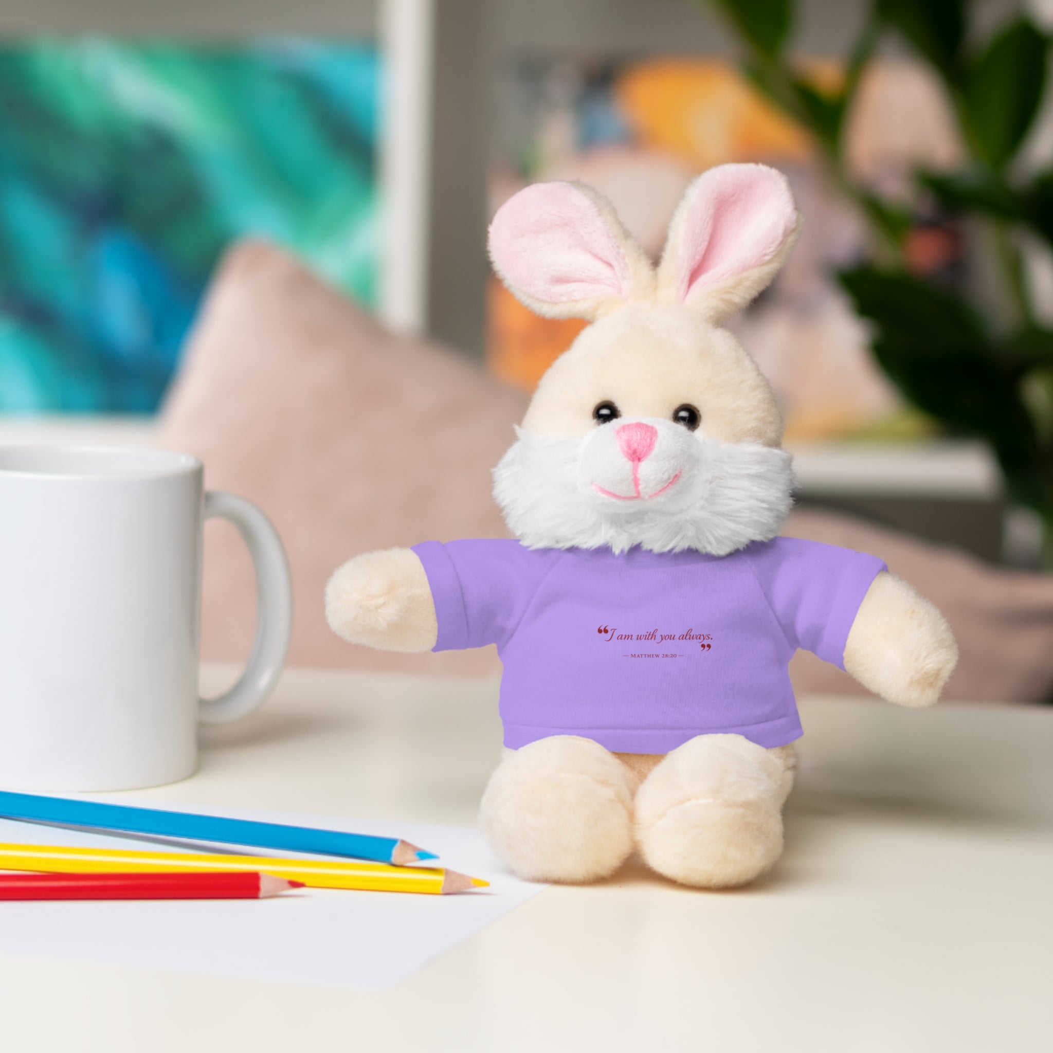 Plush Bear with “I am with you always.” — Matthew 28:20 Custom Tee – Soft Brown Teddy Gift