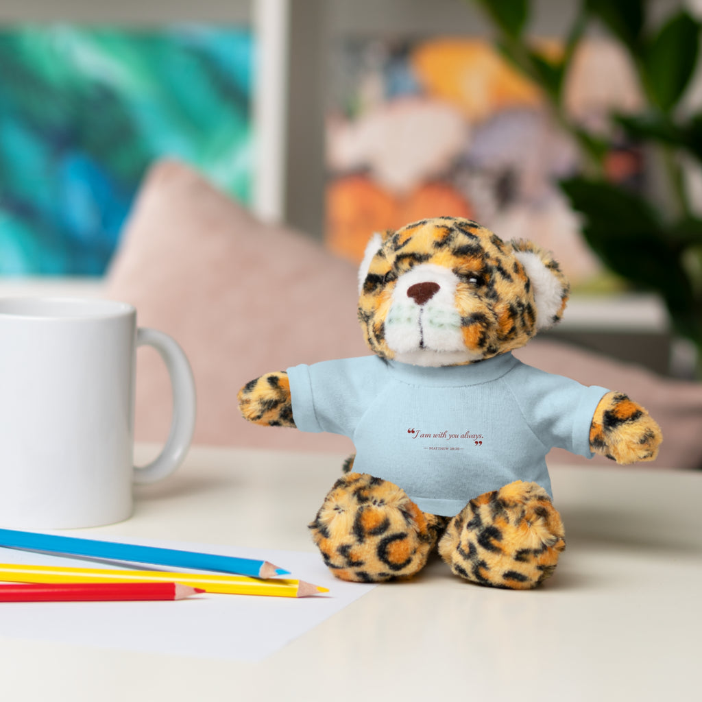 Plush Bear with “I am with you always.” — Matthew 28:20 Custom Tee – Soft Brown Teddy Gift