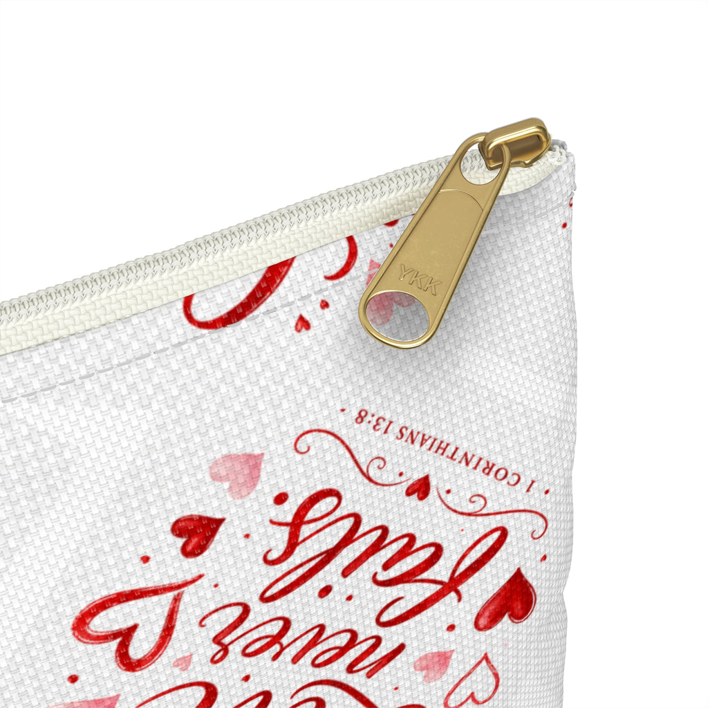 Love Never Fails Accessory Pouch — Valentine Heart Makeup & Travel Bag