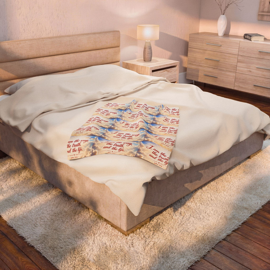 Christian Verse Velveteen Plush Blanket — “I am the way, the truth, and the life.” Sky Design