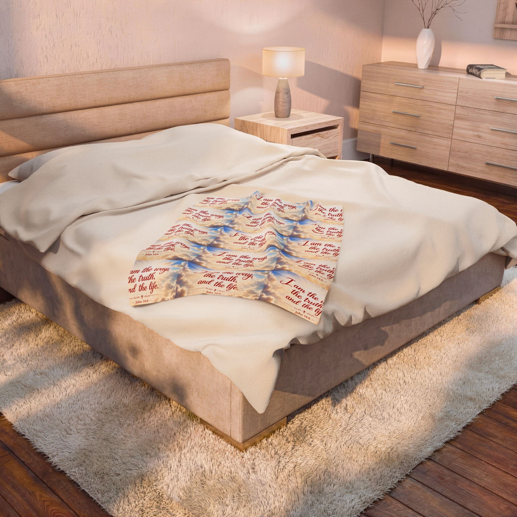 Christian Verse Velveteen Plush Blanket — “I am the way, the truth, and the life.” Sky Design