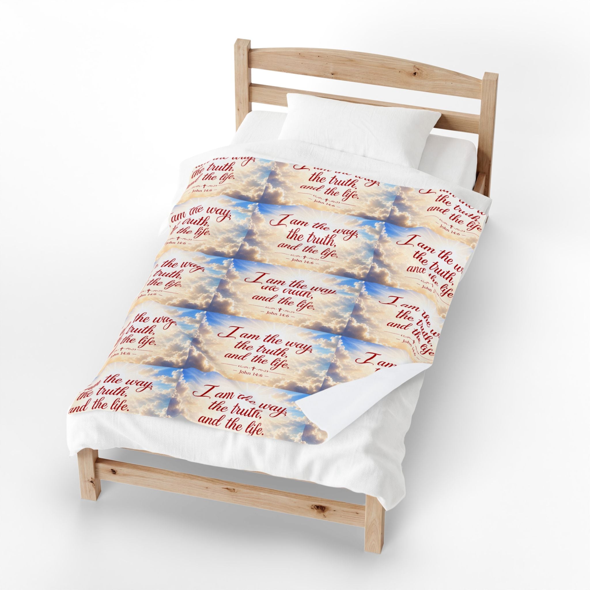 Christian Verse Velveteen Plush Blanket — “I am the way, the truth, and the life.” Sky Design