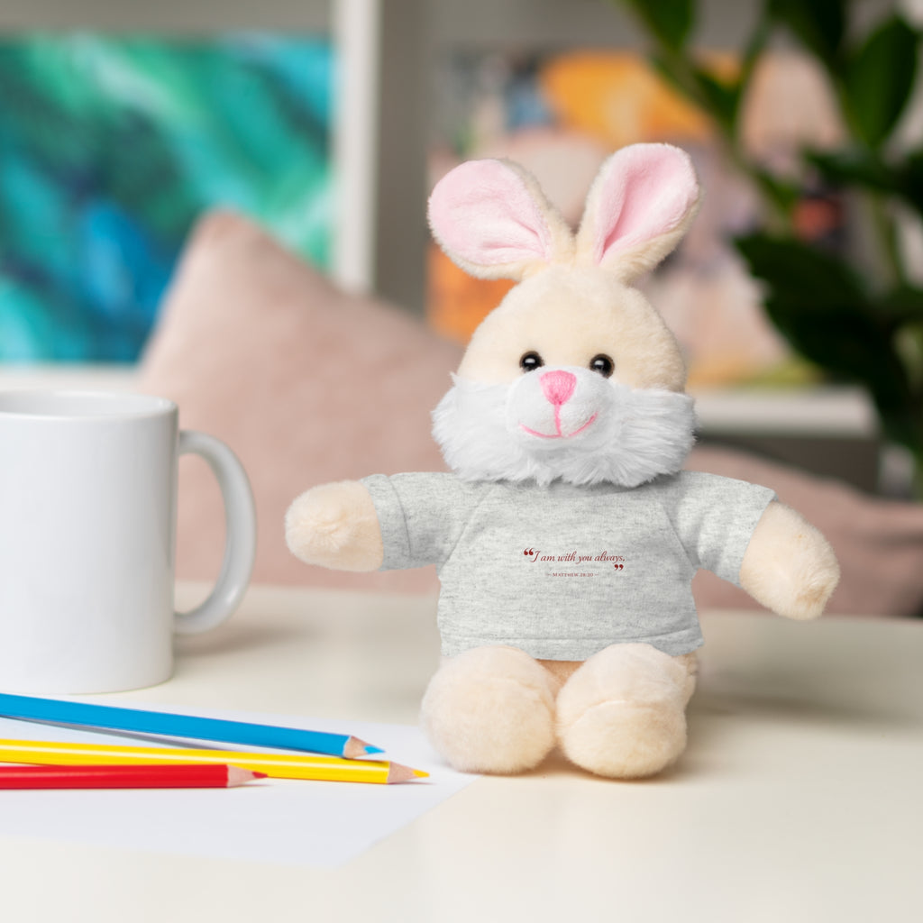 Plush Bear with “I am with you always.” — Matthew 28:20 Custom Tee – Soft Brown Teddy Gift