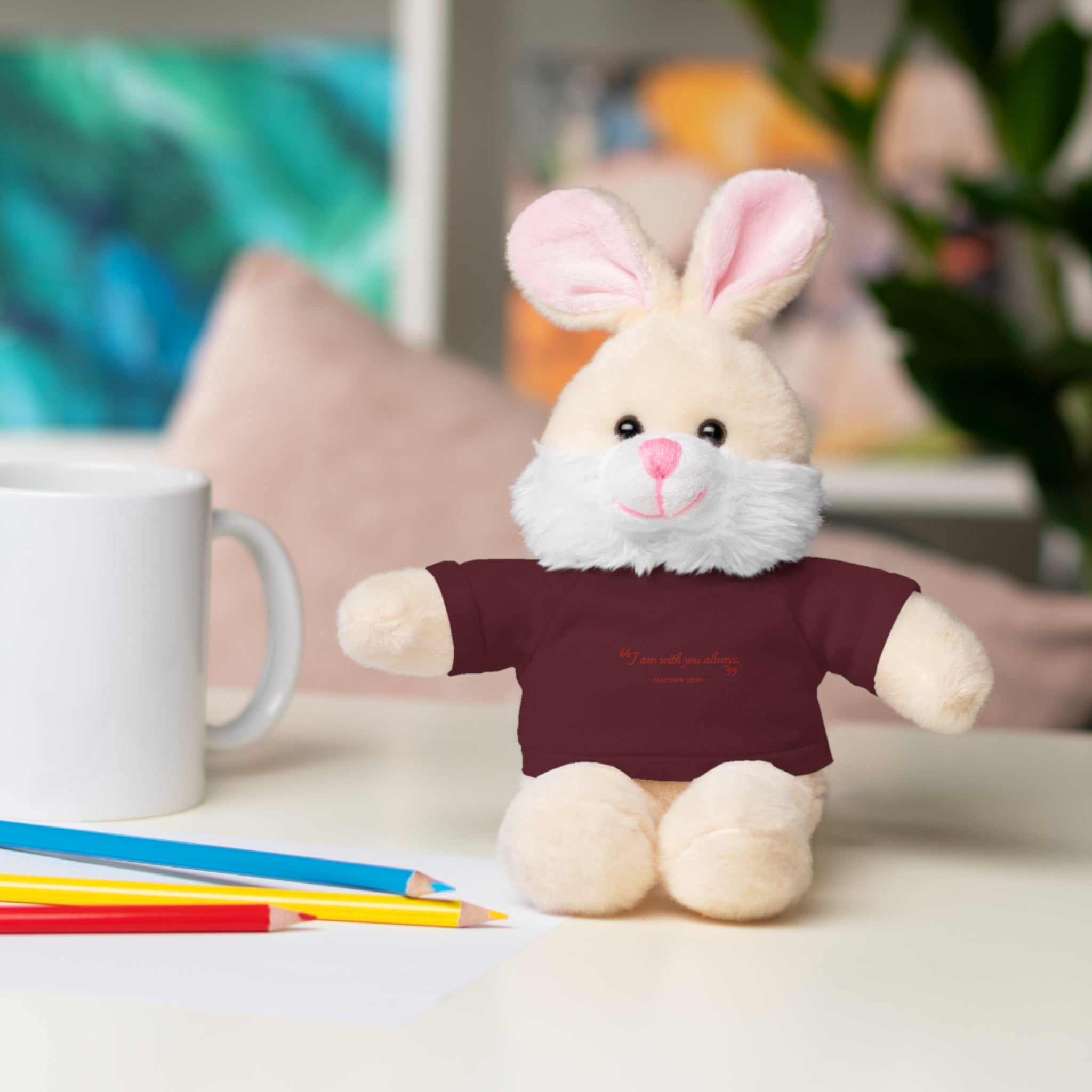 Plush Bear with “I am with you always.” — Matthew 28:20 Custom Tee – Soft Brown Teddy Gift
