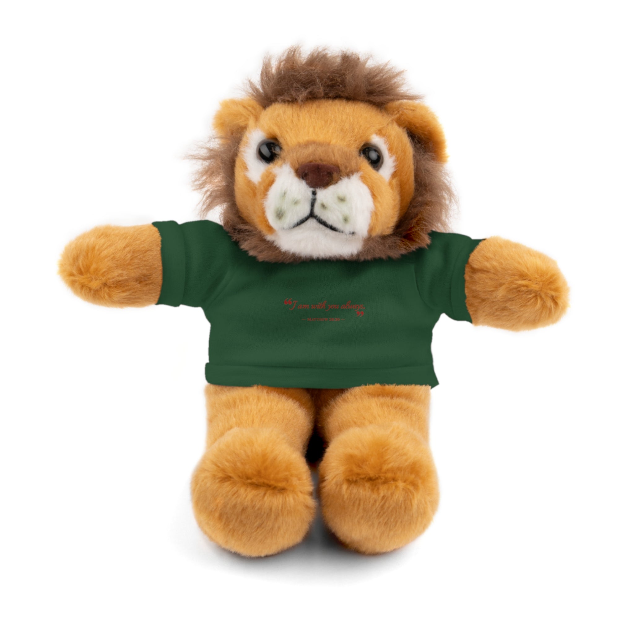 Plush Bear with “I am with you always.” — Matthew 28:20 Custom Tee – Soft Brown Teddy Gift
