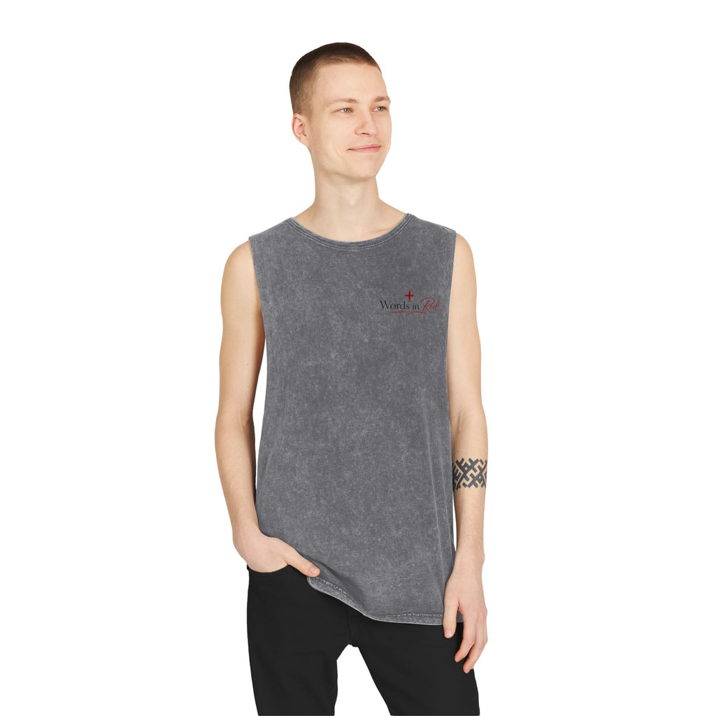 Stonewash Tank Top with Red Scripture Print — "Love one another as I have loved you" (John 13:34)