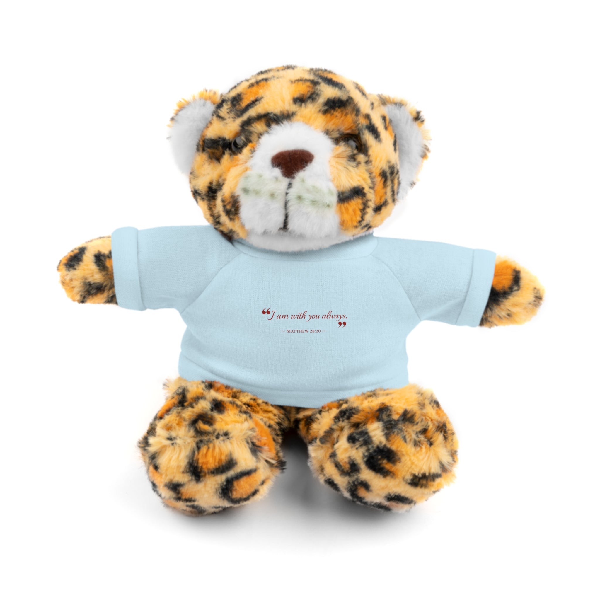 Plush Bear with “I am with you always.” — Matthew 28:20 Custom Tee – Soft Brown Teddy Gift