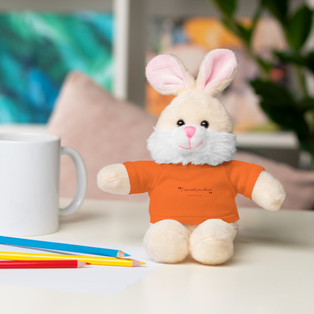 Plush Bear with “I am with you always.” — Matthew 28:20 Custom Tee – Soft Brown Teddy Gift