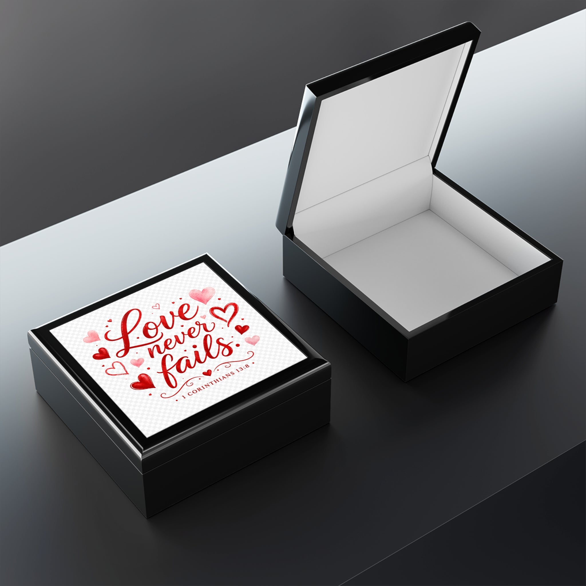 Jewelry Box — "Love Never Fails" Valentines Keepsake Box (1 Corinthians 13:8)