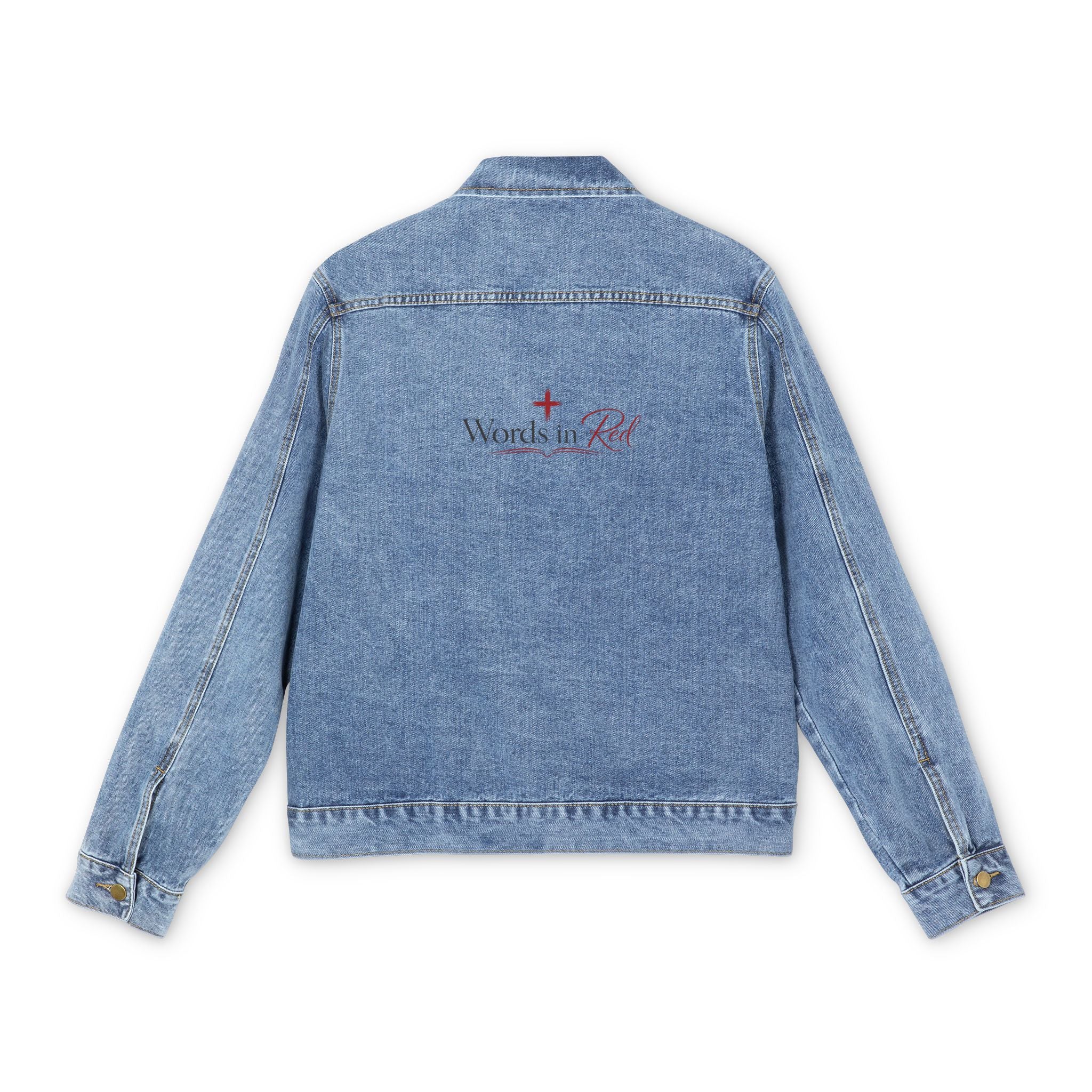 Denim Jacket — Men's 'Words in Red' Cross Back Logo Jacket
