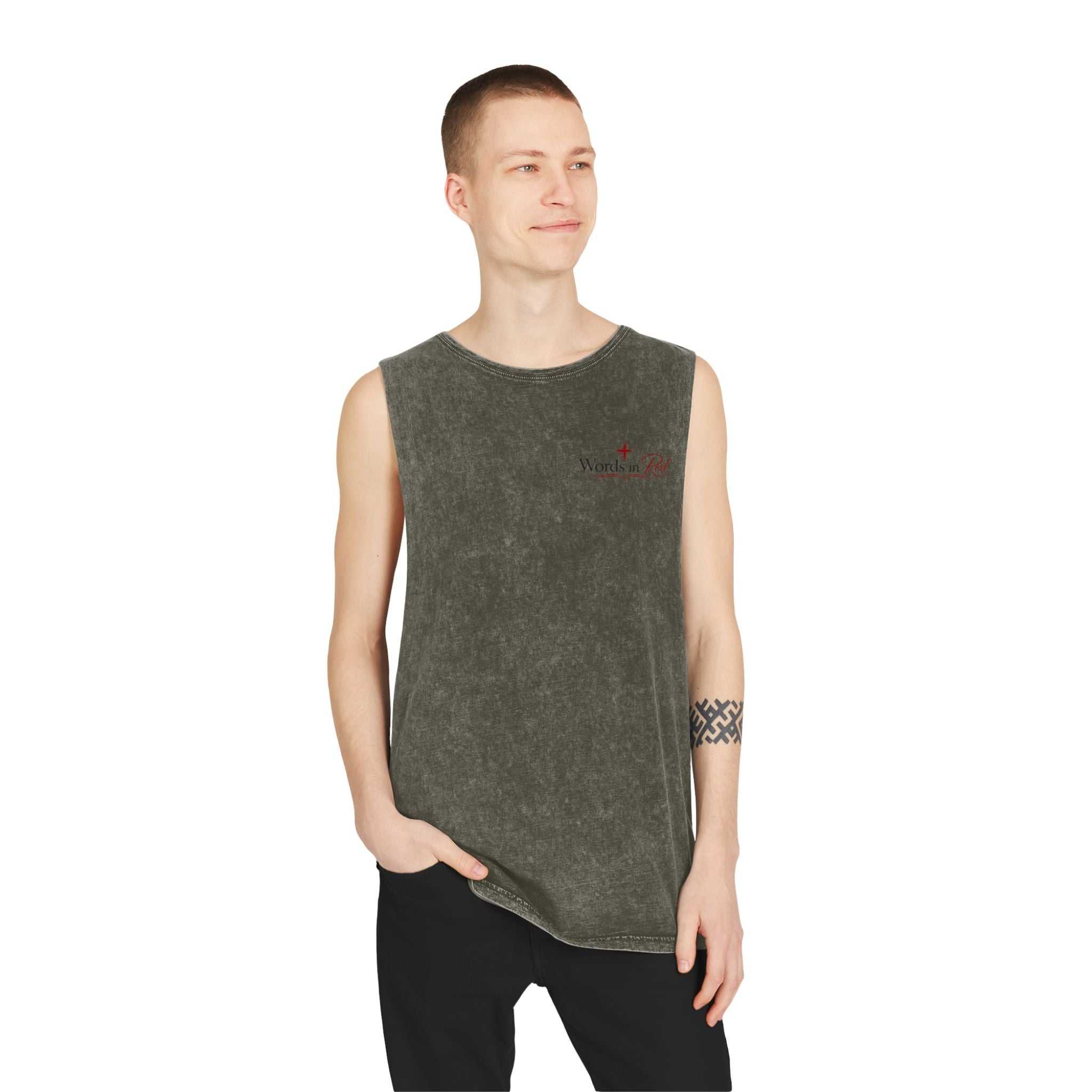 Stonewash Tank Top with Red Scripture Print — "Love one another as I have loved you" (John 13:34)