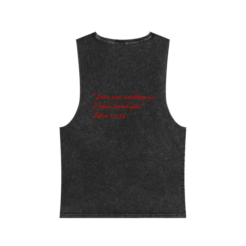 Stonewash Tank Top with Red Scripture Print — "Love one another as I have loved you" (John 13:34)