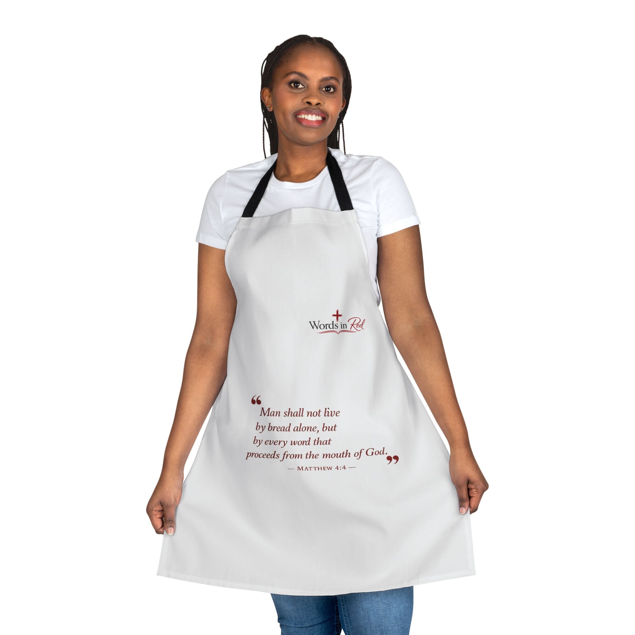 Biblical Verse Apron - "Man Shall Not Live by Bread Alone" Words in Red Brand