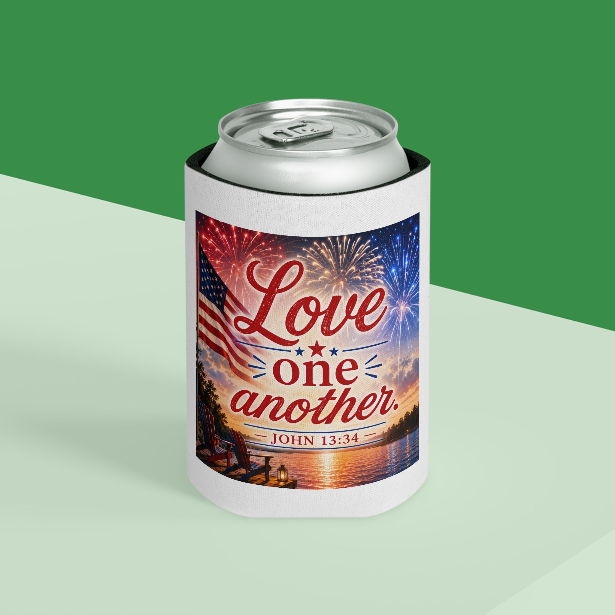 Patriotic Can Cooler "Love One Another"  — John 13:34 - July 4th Beverage Cooler