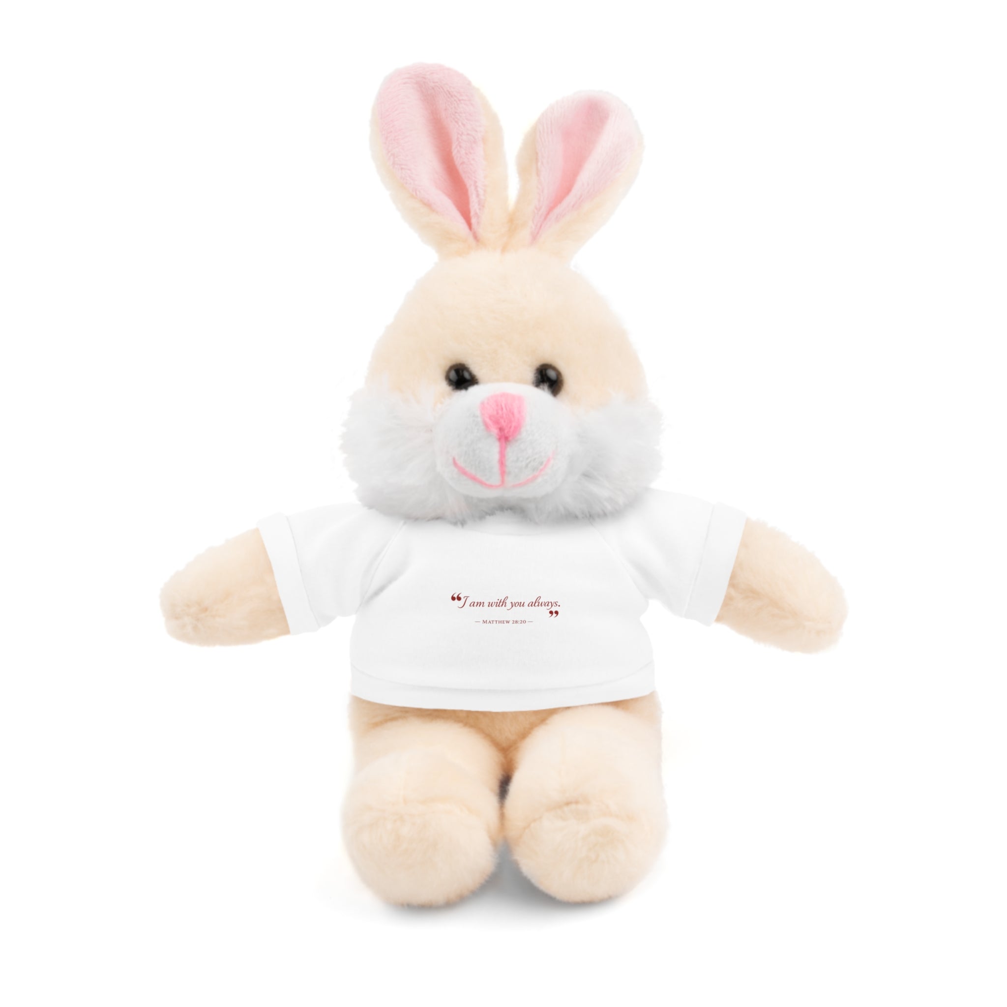 Plush Bear with “I am with you always.” — Matthew 28:20 Custom Tee – Soft Brown Teddy Gift