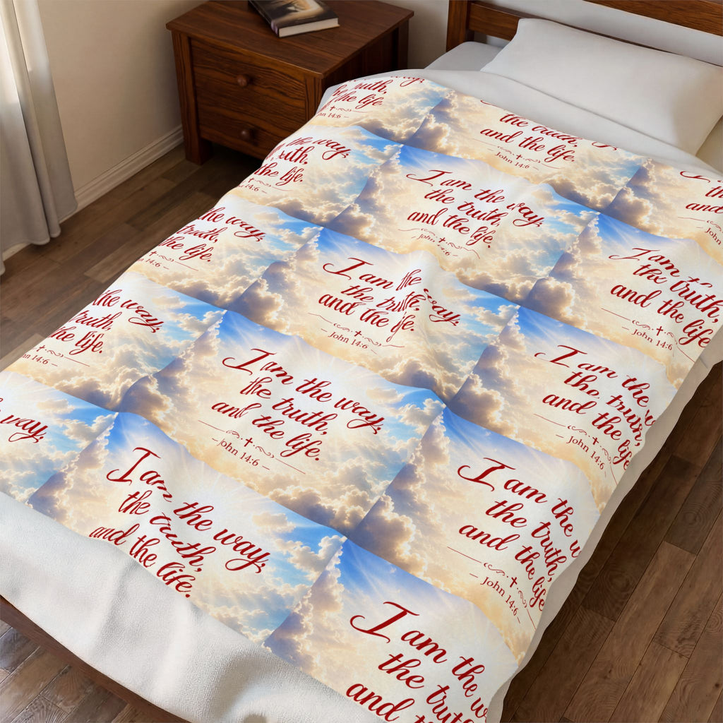 Christian Verse Velveteen Plush Blanket — “I am the way, the truth, and the life.” Sky Design