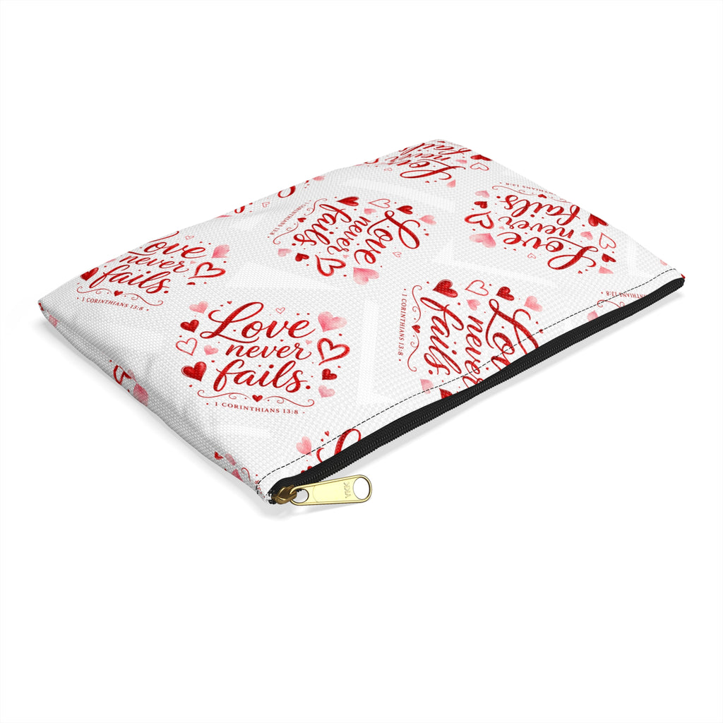 Love Never Fails Accessory Pouch — Valentine Heart Makeup & Travel Bag