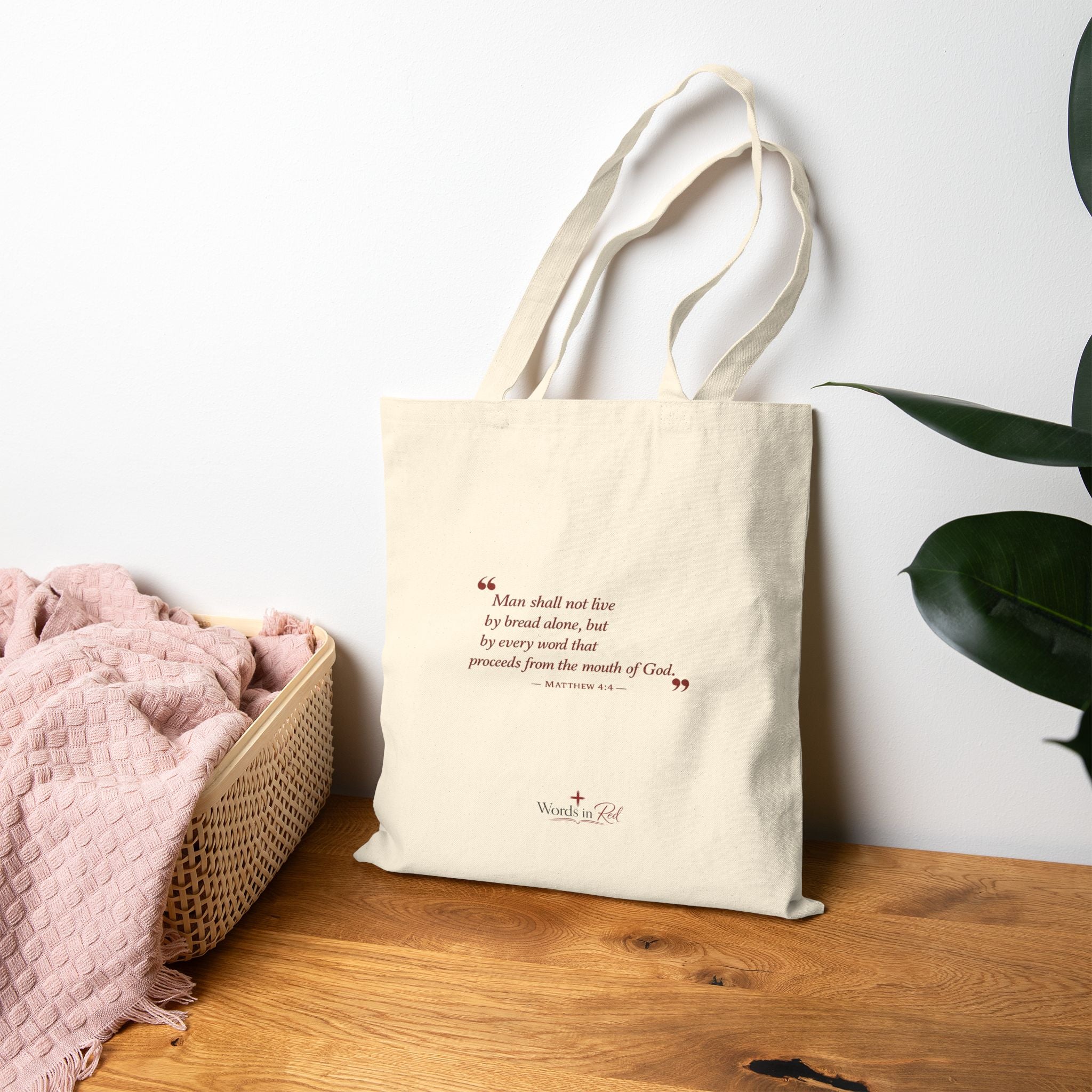 Canvas Tote Bag — Inspirational Bible Quote "Man shall not live by bread alone"