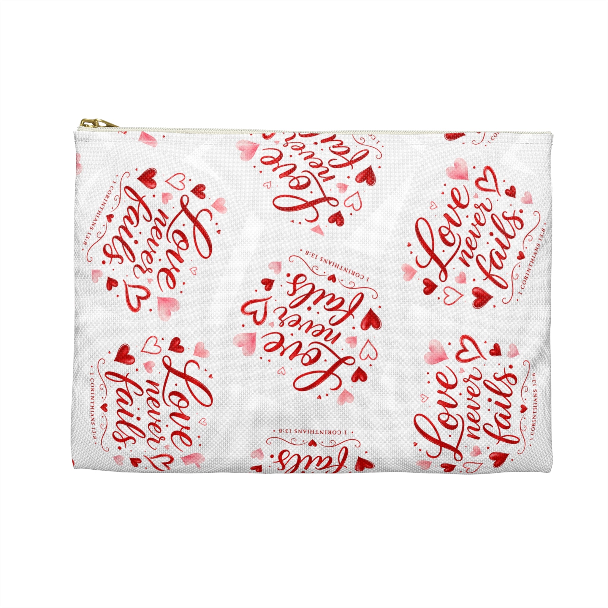 Love Never Fails Accessory Pouch — Valentine Heart Makeup & Travel Bag