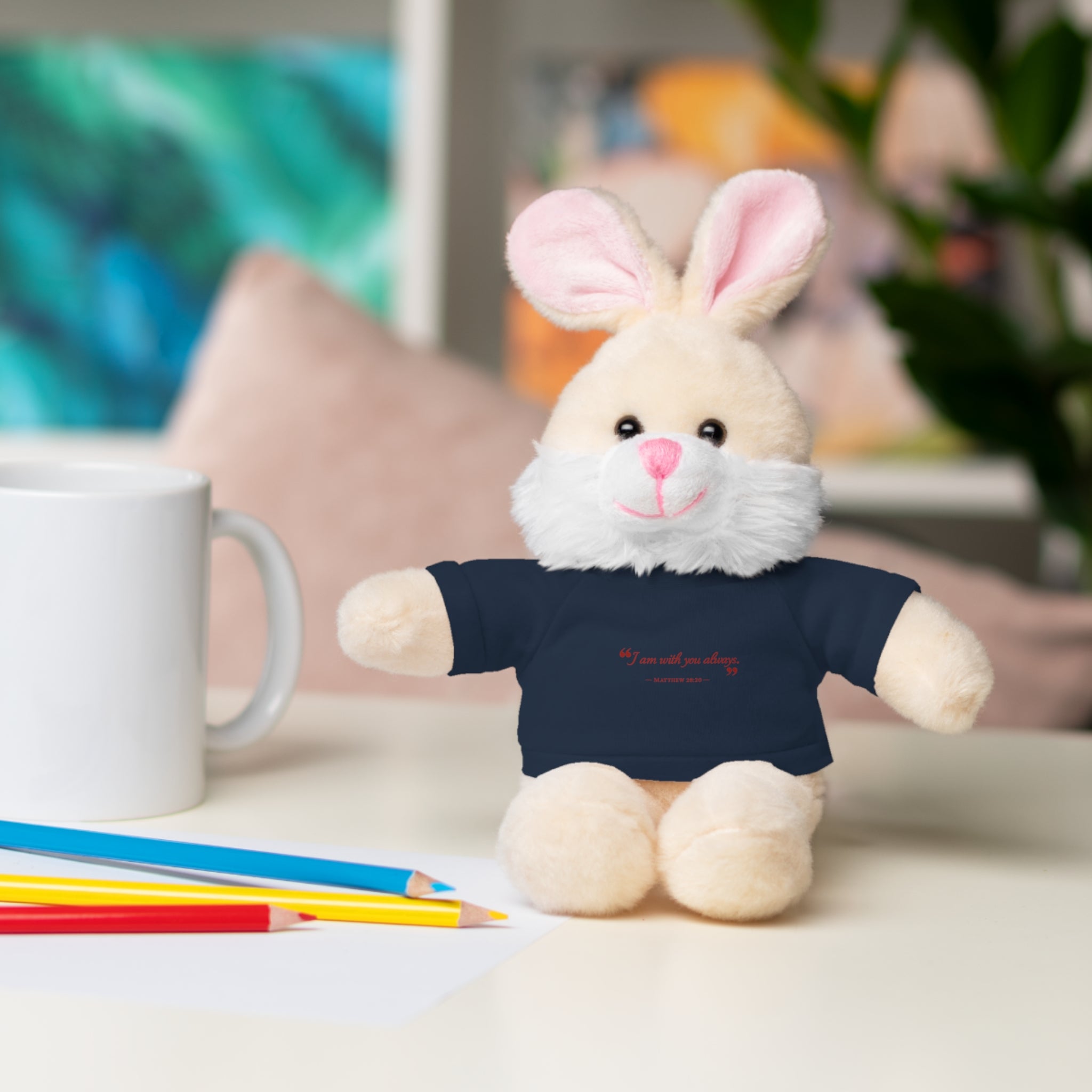 Plush Bear with “I am with you always.” — Matthew 28:20 Custom Tee – Soft Brown Teddy Gift