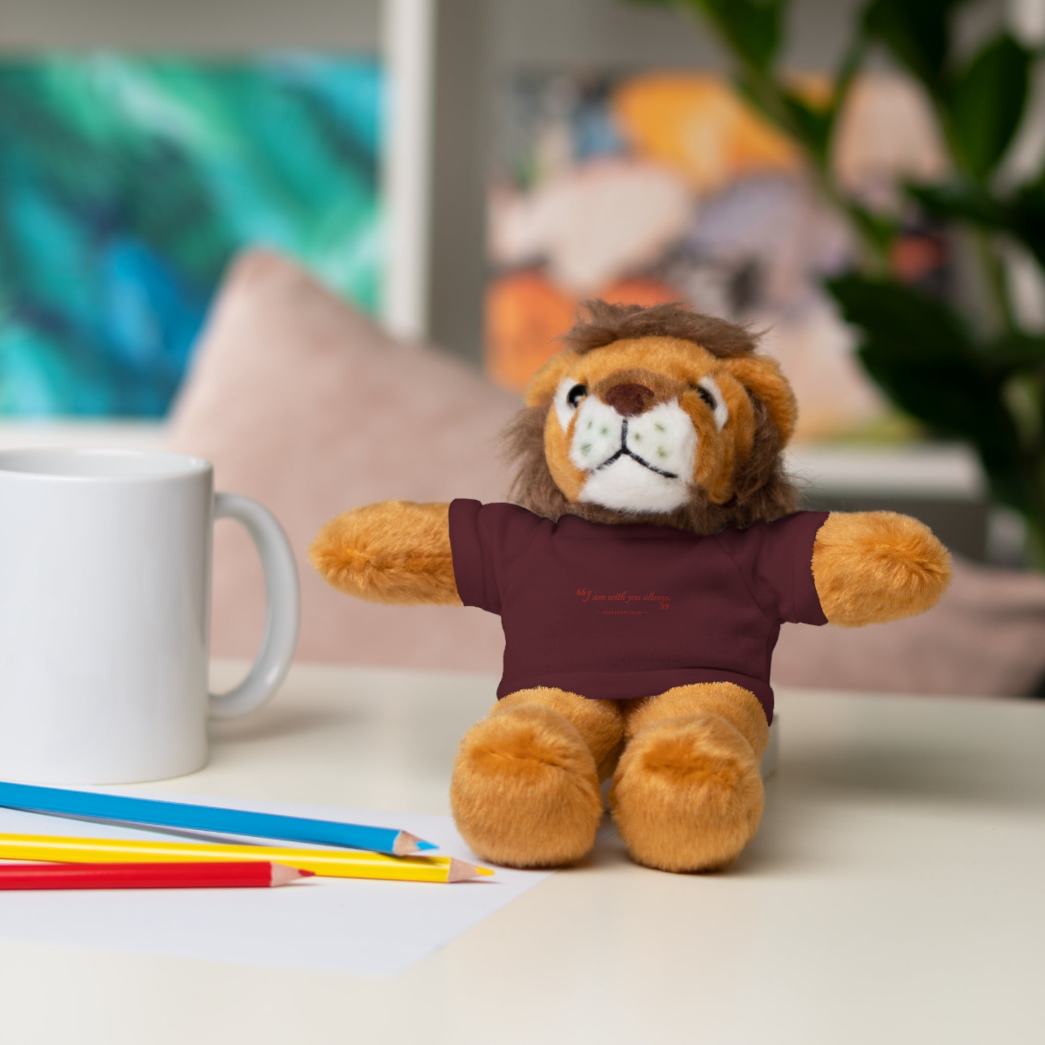Plush Bear with “I am with you always.” — Matthew 28:20 Custom Tee – Soft Brown Teddy Gift