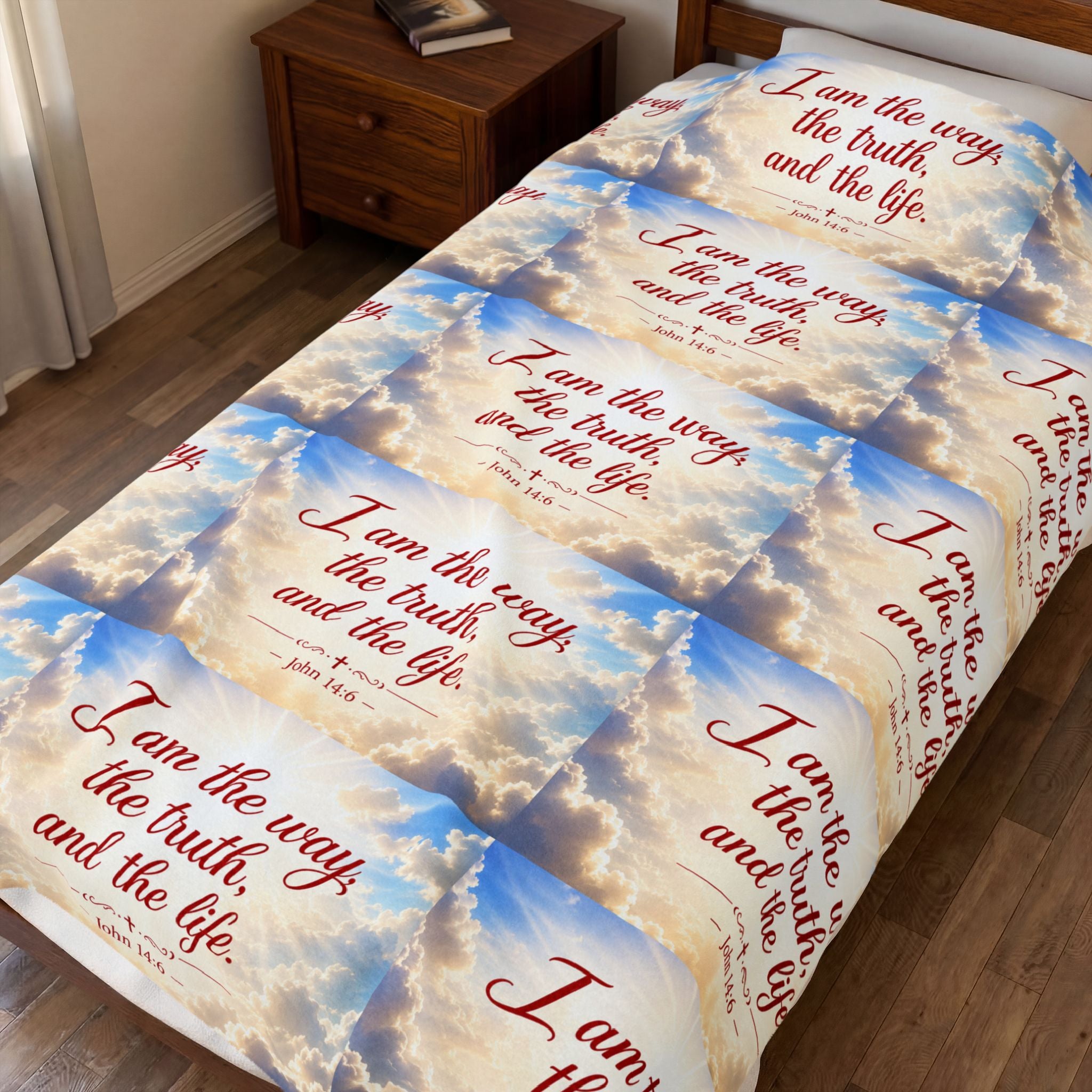 Christian Verse Velveteen Plush Blanket — “I am the way, the truth, and the life.” Sky Design