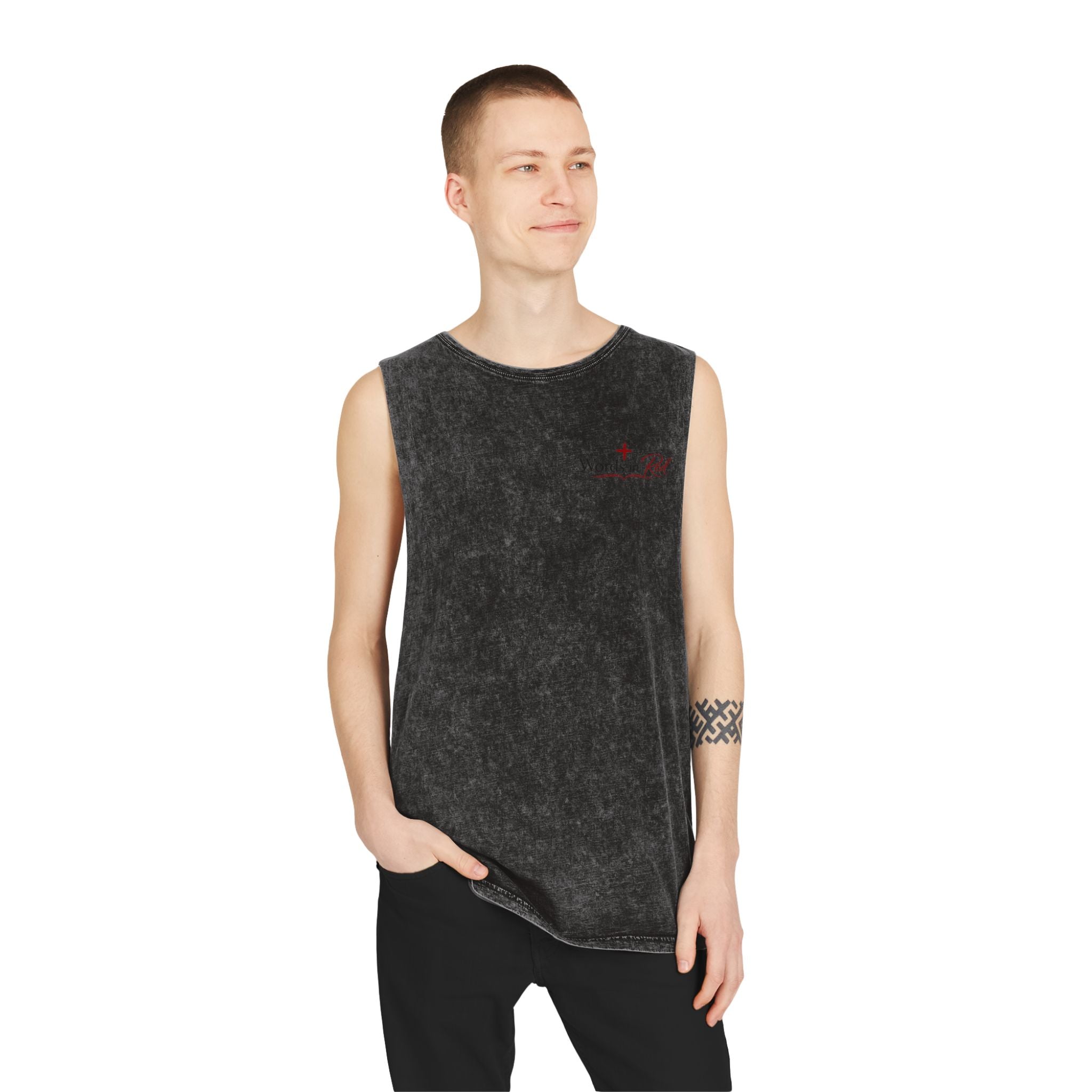 Stonewash Tank Top with Red Scripture Print — "Love one another as I have loved you" (John 13:34)