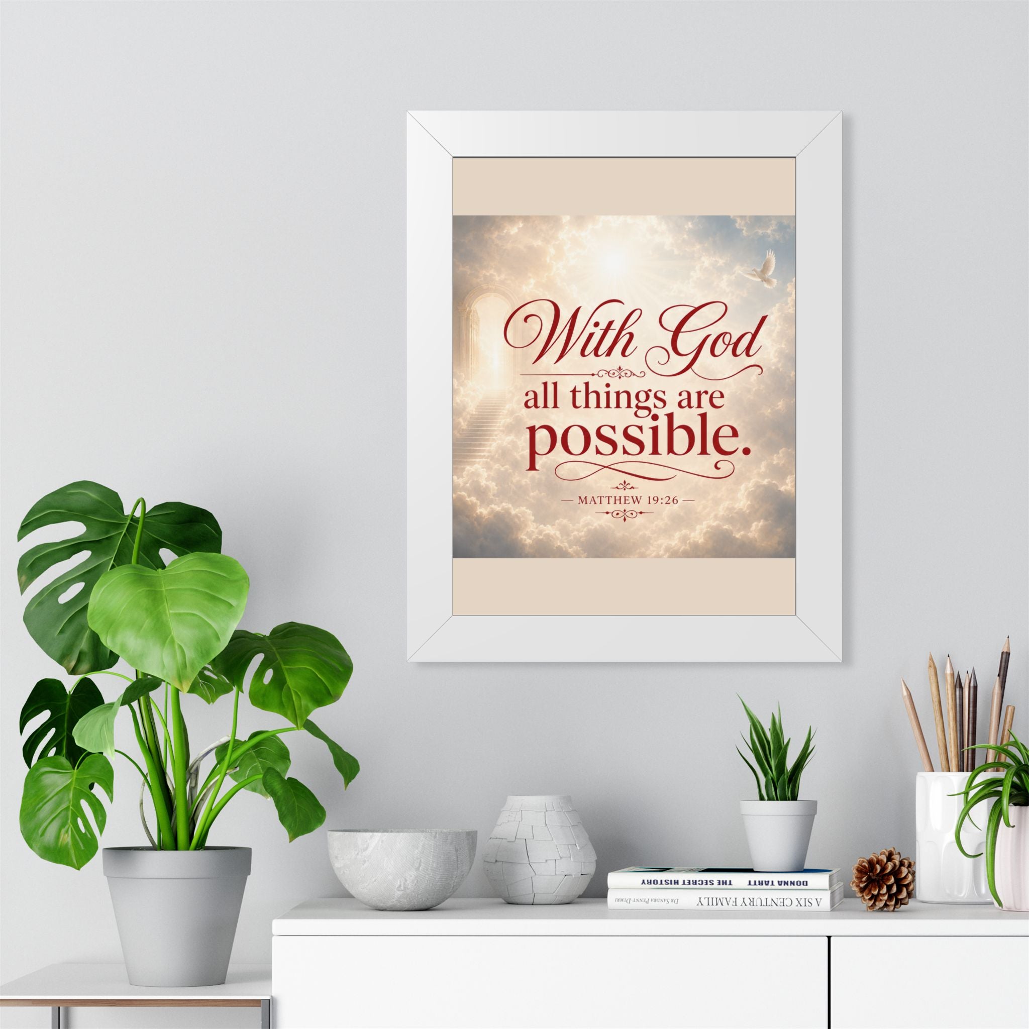 Framed Poster — "With God All Things Are Possible" Biblical Wall Art (Matthew 19:26)