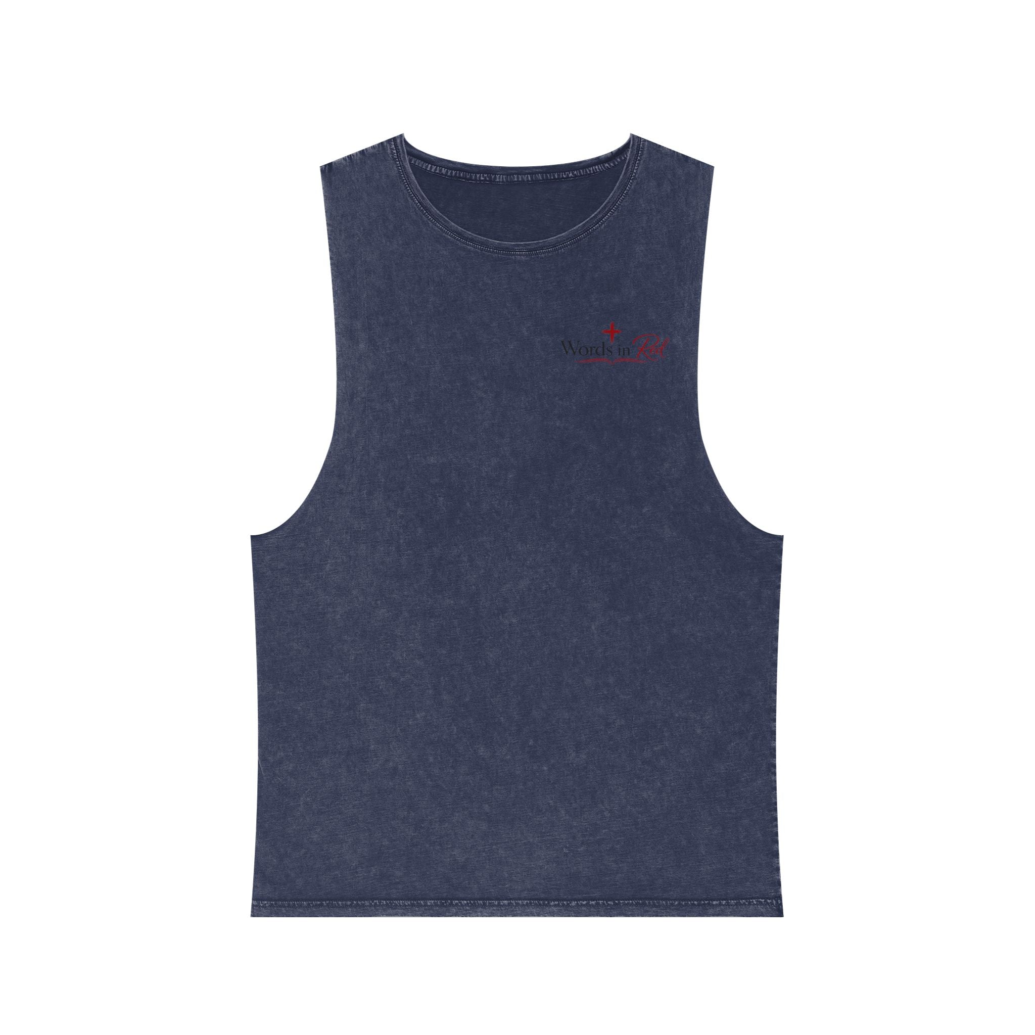 Stonewash Tank Top with Red Scripture Print — "Love one another as I have loved you" (John 13:34)