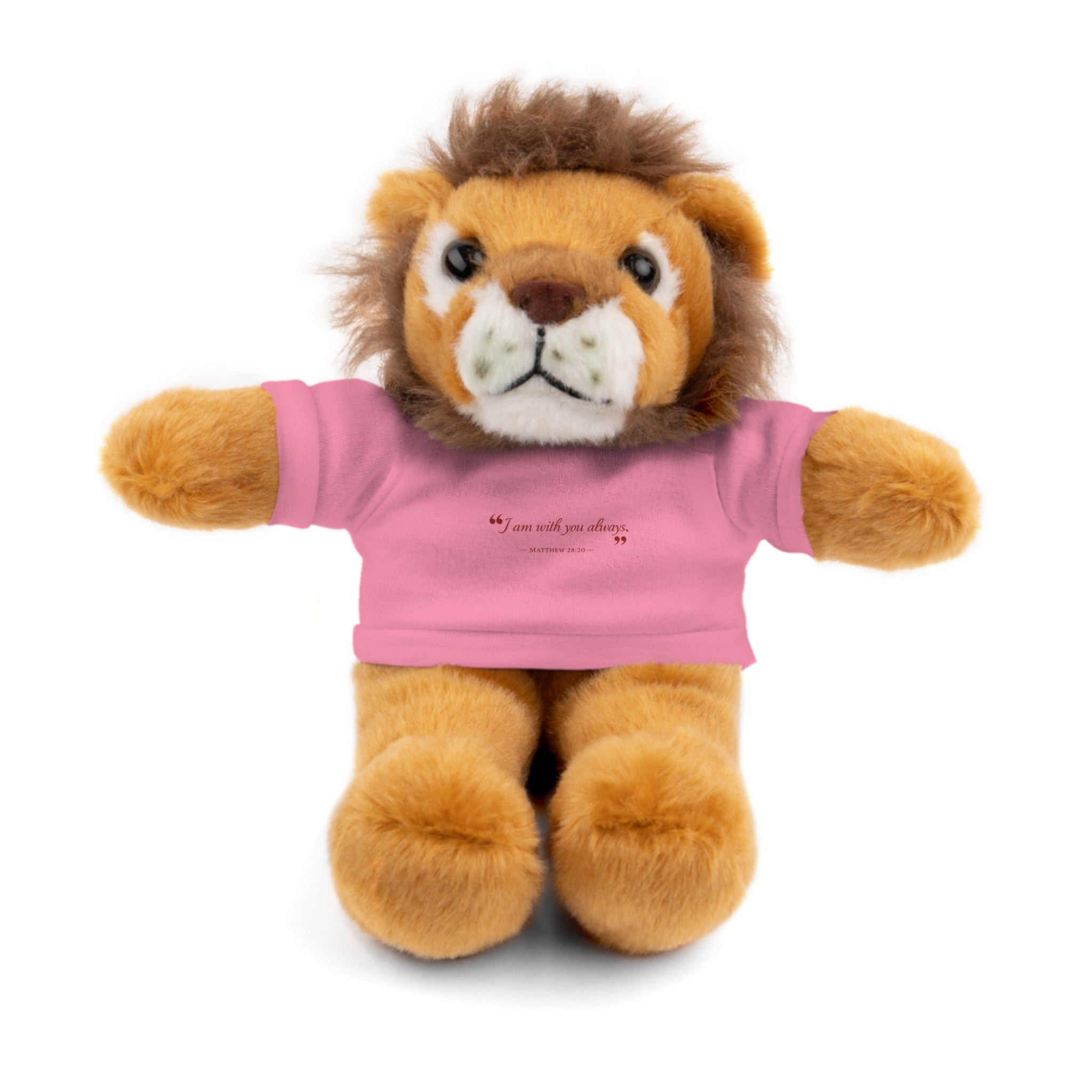 Plush Bear with “I am with you always.” — Matthew 28:20 Custom Tee – Soft Brown Teddy Gift