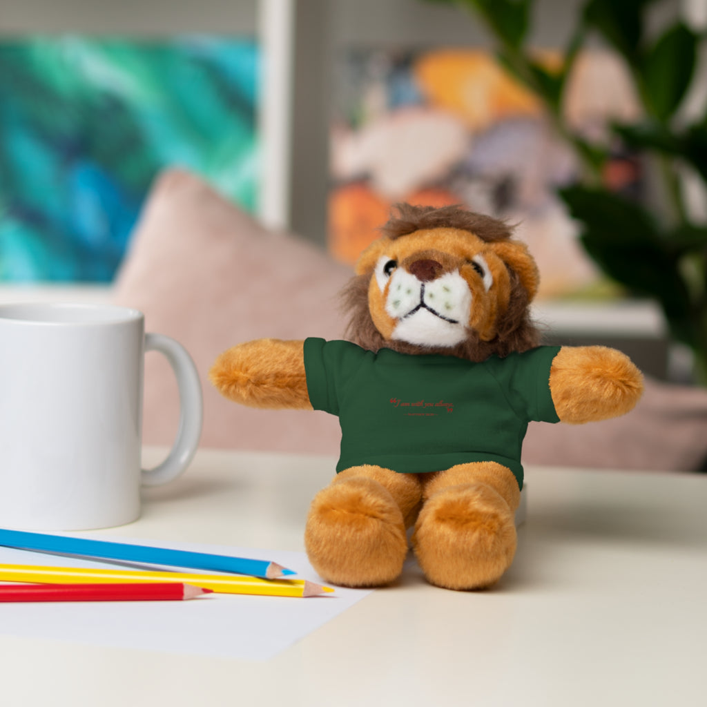 Plush Bear with “I am with you always.” — Matthew 28:20 Custom Tee – Soft Brown Teddy Gift