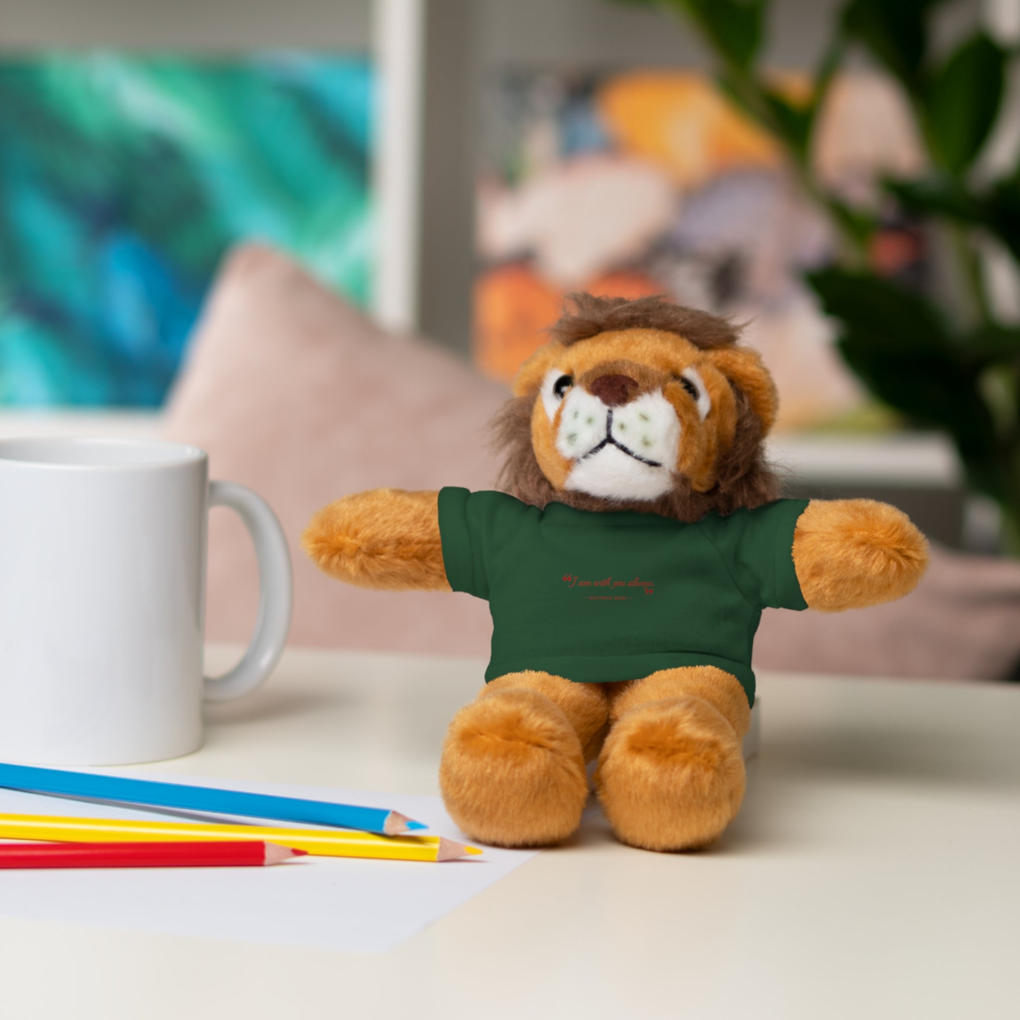 Plush Bear with “I am with you always.” — Matthew 28:20 Custom Tee – Soft Brown Teddy Gift