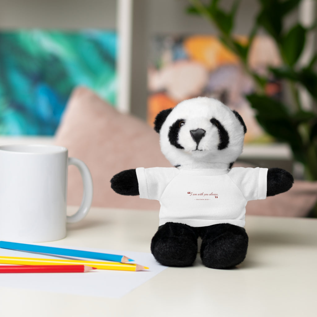 Plush Bear with “I am with you always.” — Matthew 28:20 Custom Tee – Soft Brown Teddy Gift
