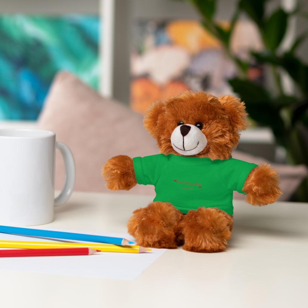 Plush Bear with “I am with you always.” — Matthew 28:20 Custom Tee – Soft Brown Teddy Gift