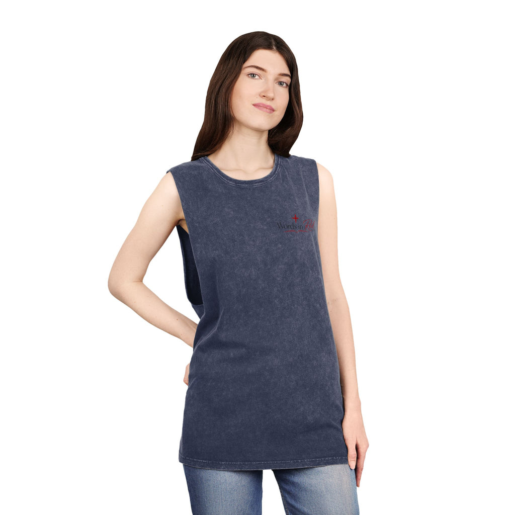 Stonewash Tank Top with Red Scripture Print — "Love one another as I have loved you" (John 13:34)