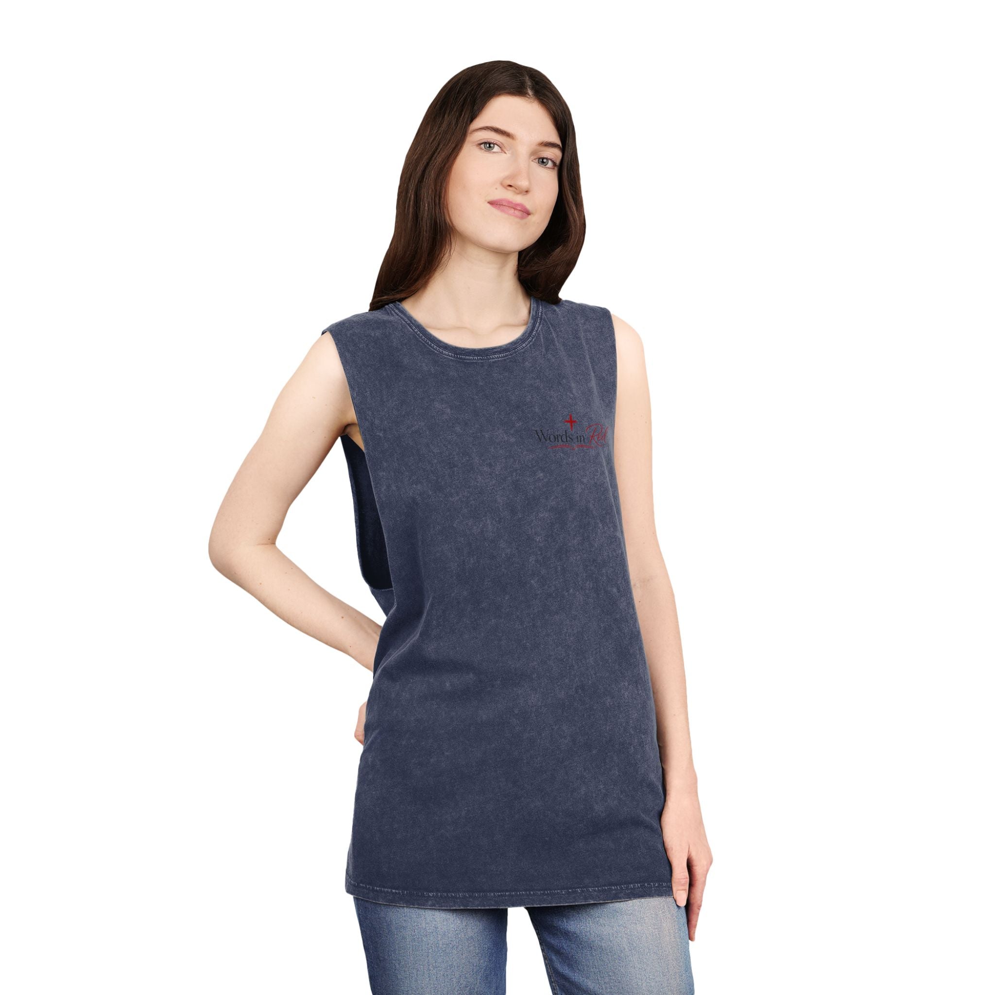 Stonewash Tank Top with Red Scripture Print — "Love one another as I have loved you" (John 13:34)