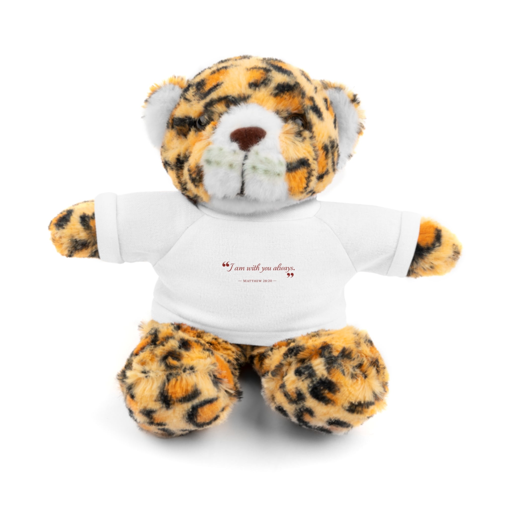 Plush Bear with “I am with you always.” — Matthew 28:20 Custom Tee – Soft Brown Teddy Gift