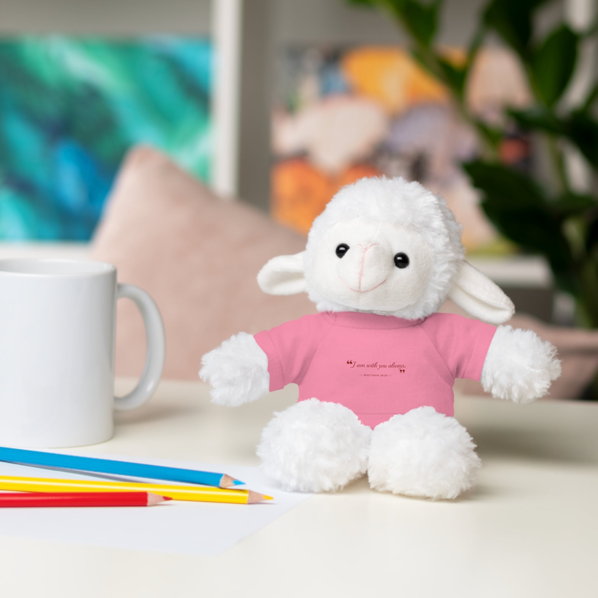 Plush Bear with “I am with you always.” — Matthew 28:20 Custom Tee – Soft Brown Teddy Gift