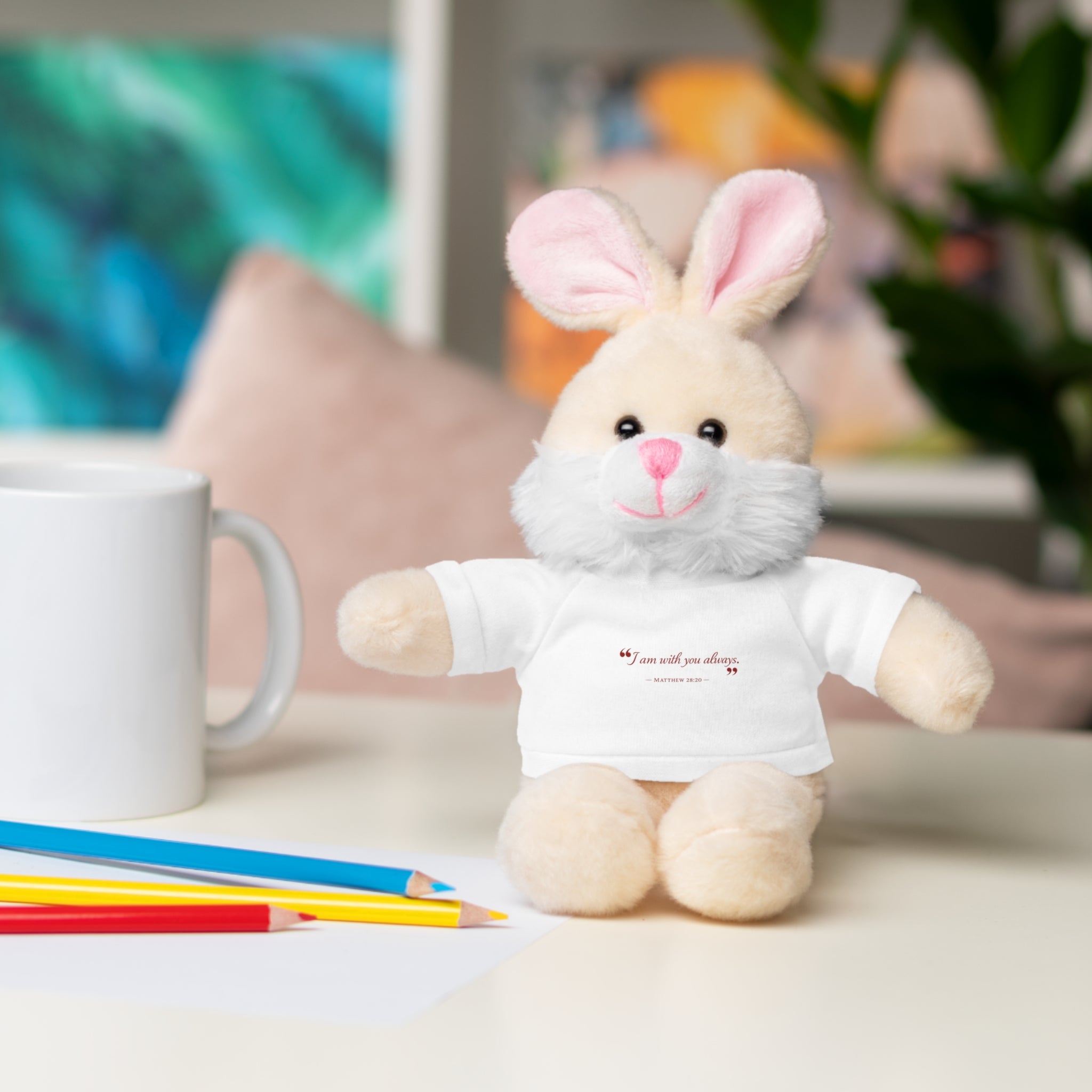 Plush Bear with “I am with you always.” — Matthew 28:20 Custom Tee – Soft Brown Teddy Gift