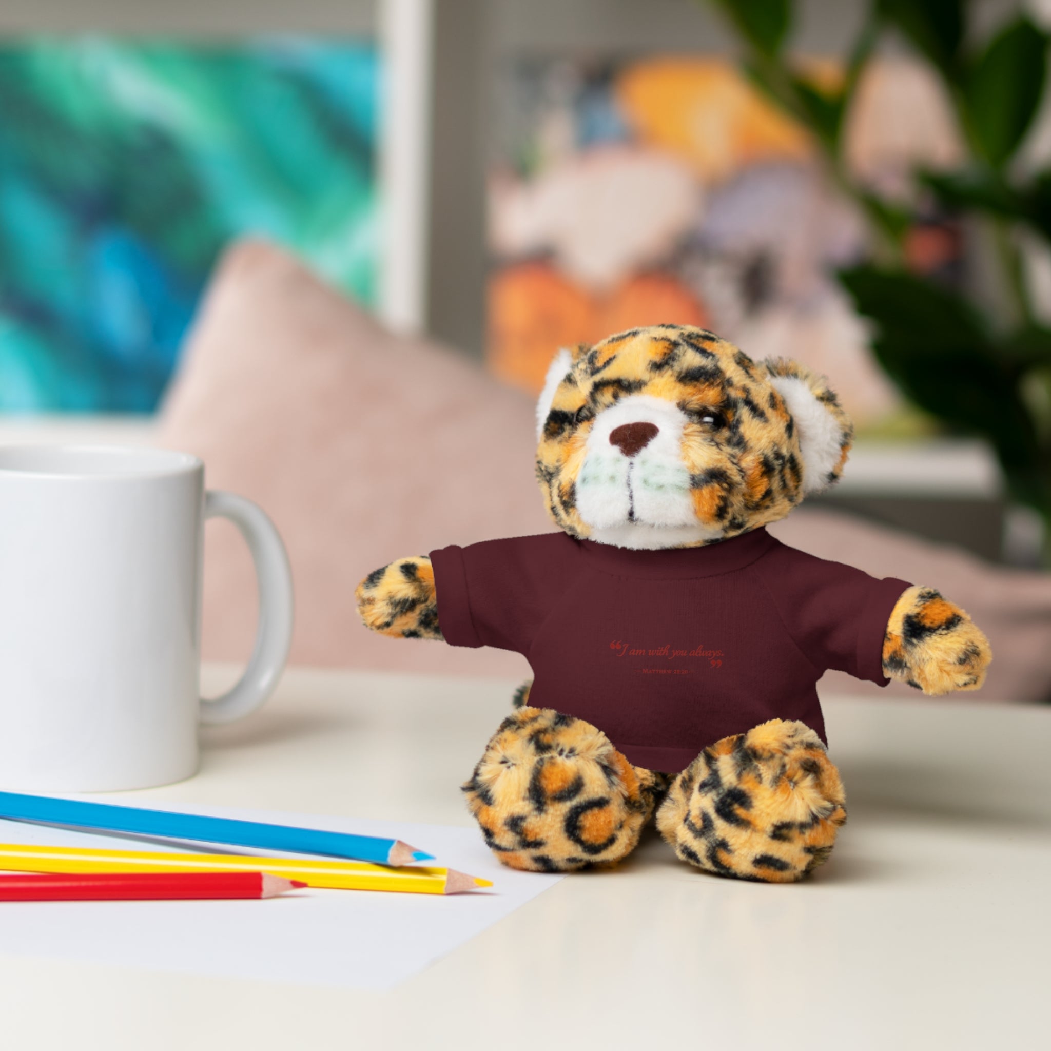Plush Bear with “I am with you always.” — Matthew 28:20 Custom Tee – Soft Brown Teddy Gift