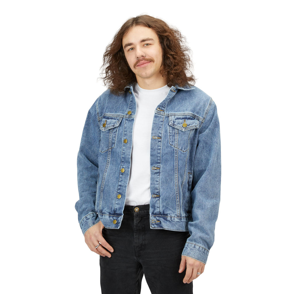 Denim Jacket — Men's 'Words in Red' Cross Back Logo Jacket