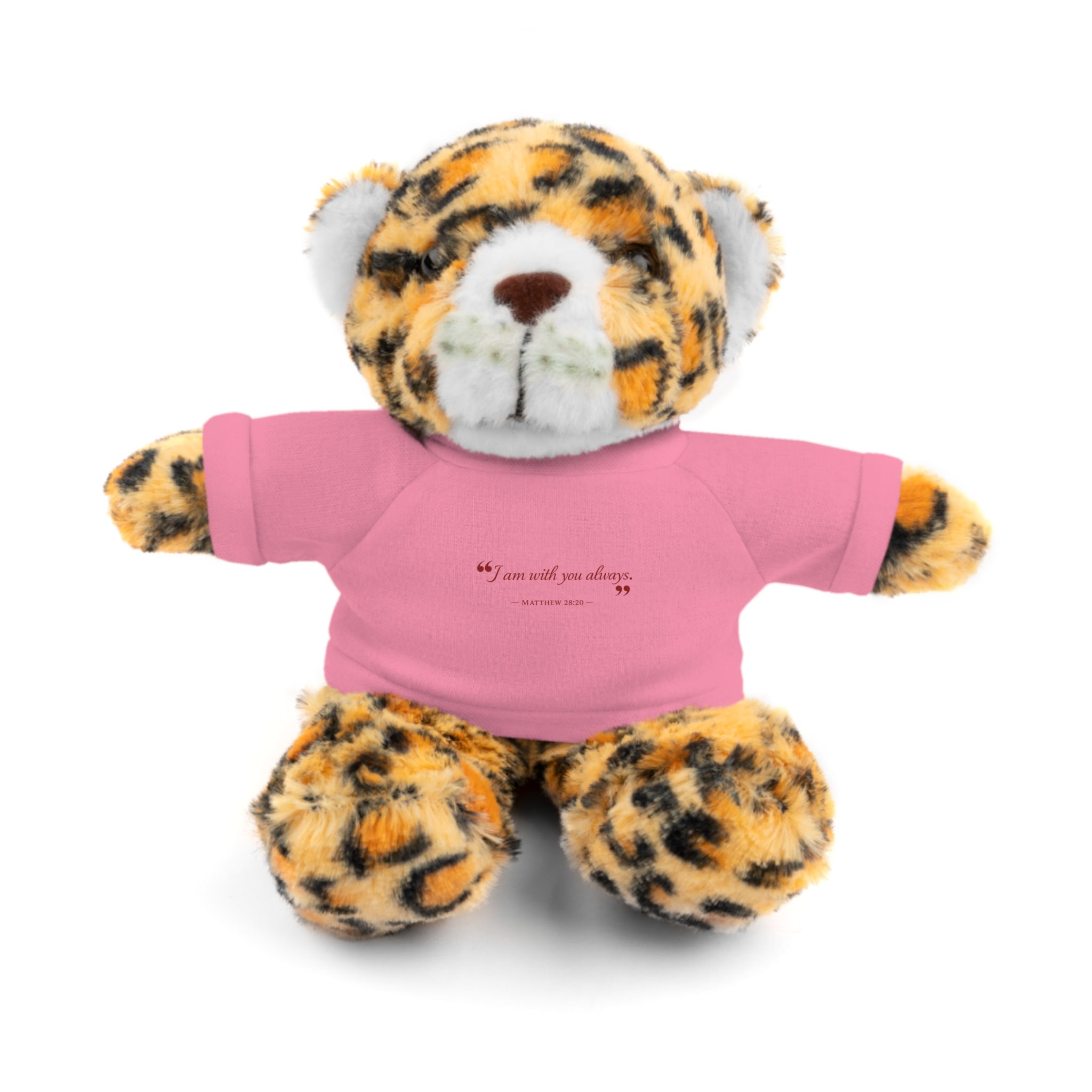 Plush Bear with “I am with you always.” — Matthew 28:20 Custom Tee – Soft Brown Teddy Gift